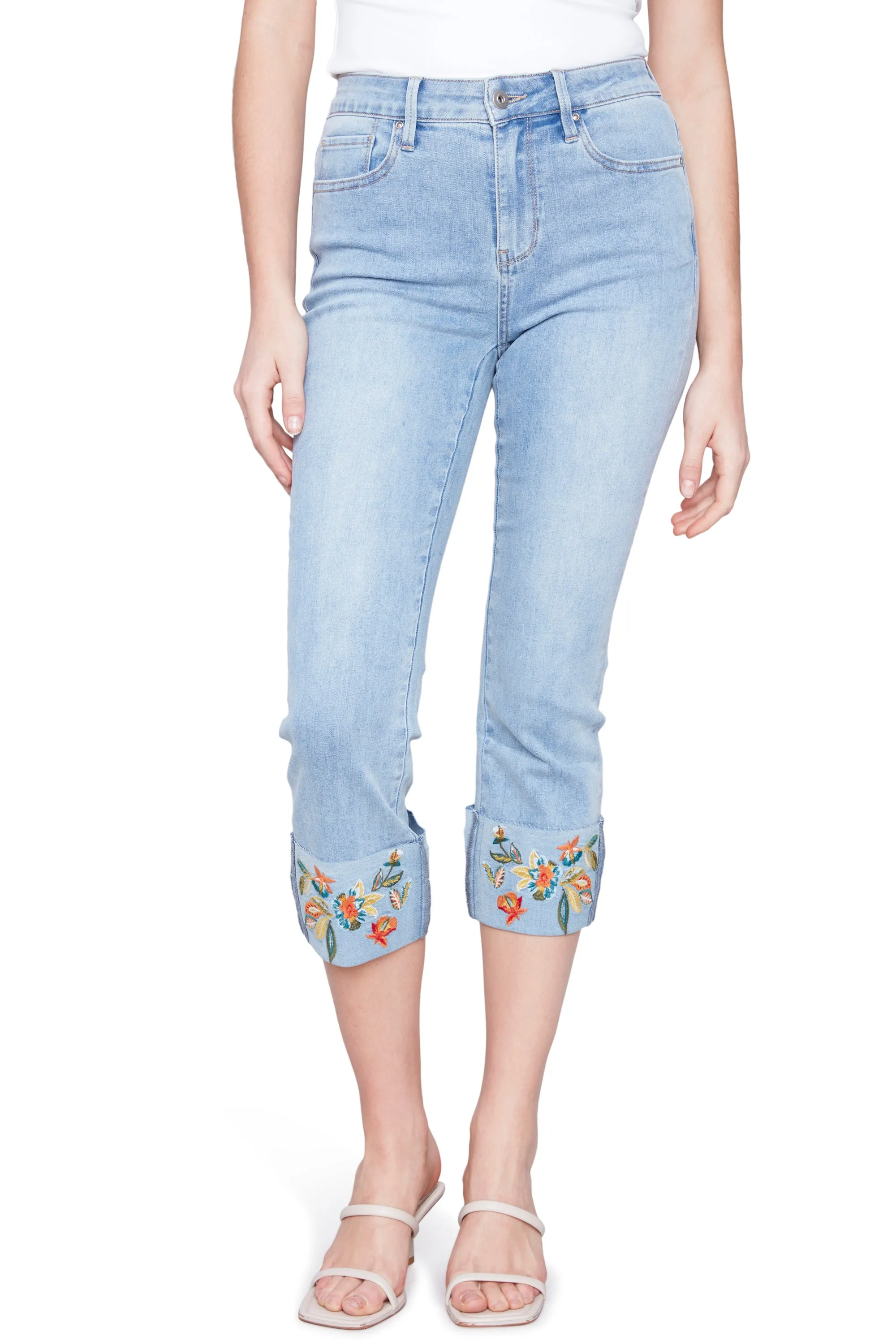 Floral Embroidered Cuff Capri