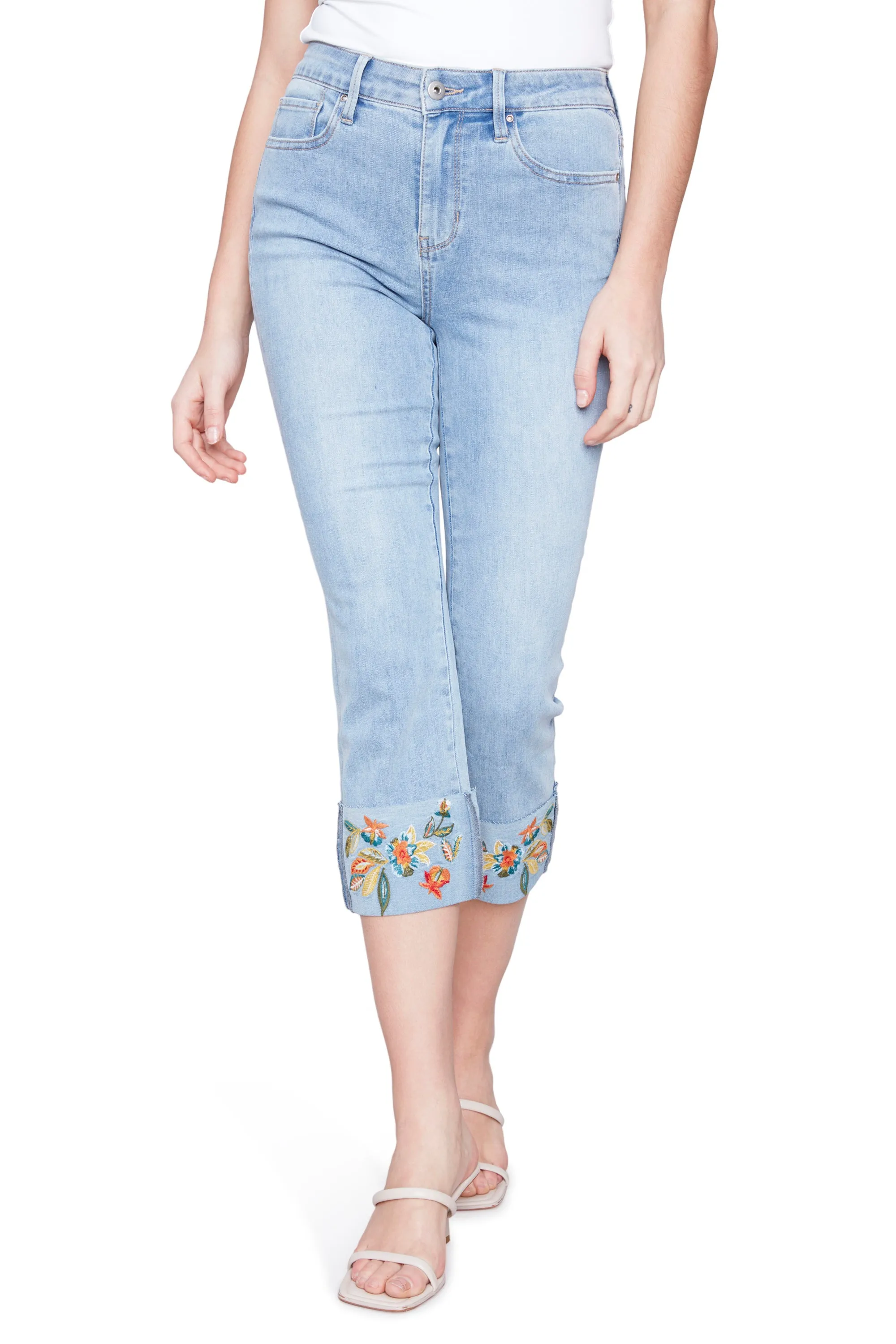 Floral Embroidered Cuff Capri