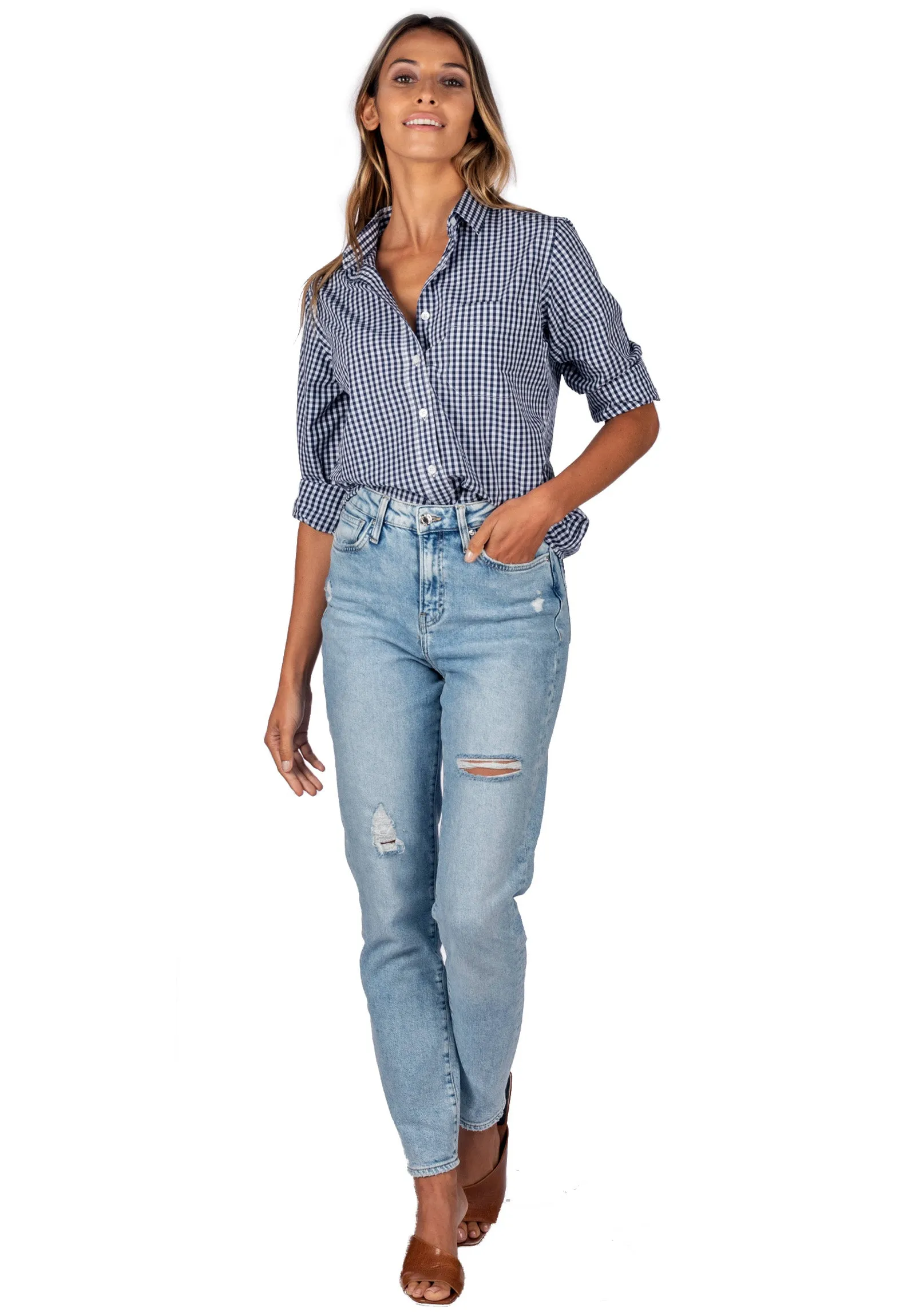 Gigi Blue Gingham Small Checks Relaxed Cotton Shirt