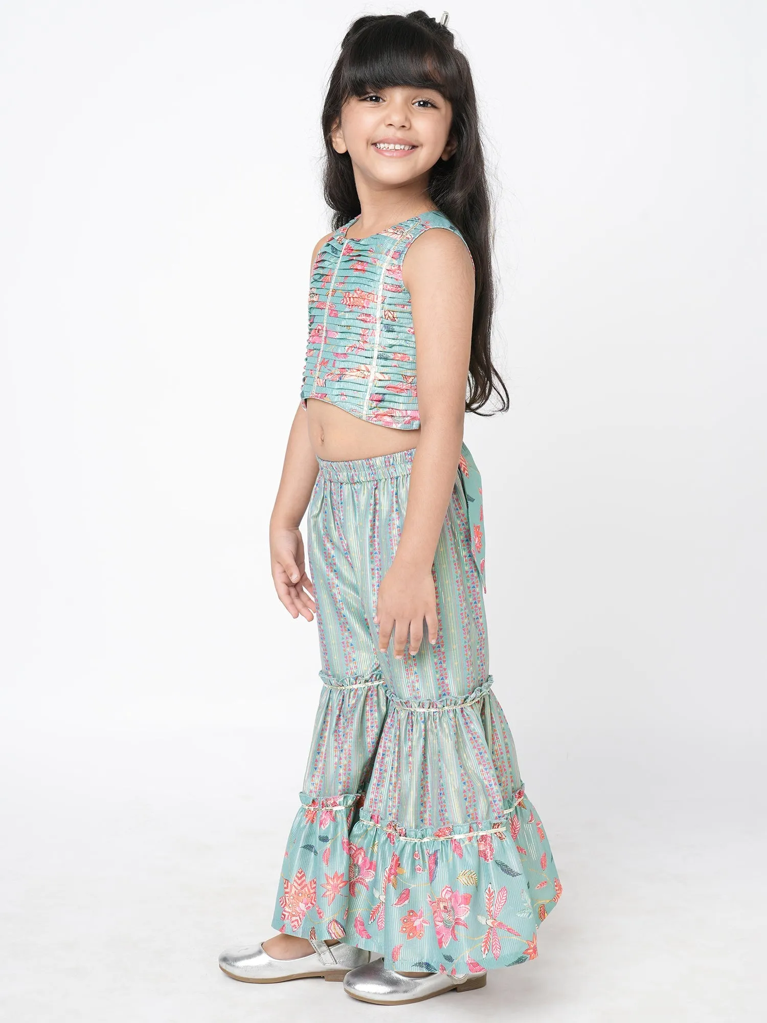 Girls Golden Weaves Blue Crop Top With Palazzo Co-Ordinate Set - Lil Drama