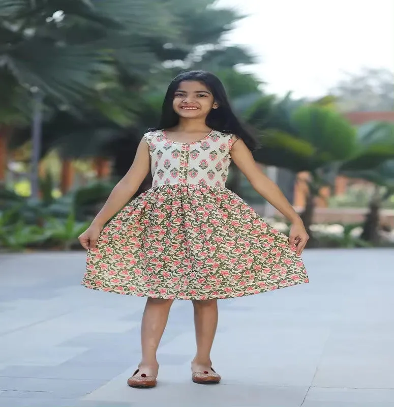 Girl's Green Cotton Floral Printed Top - Malishka Export Girls