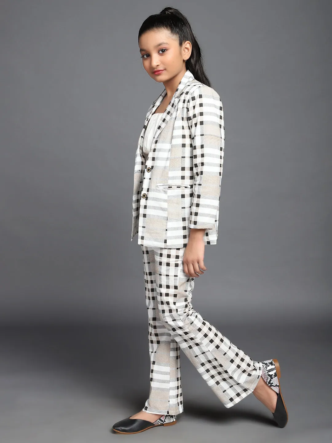 Girl's White & Black Checks Printed Blazer & Top With Pant Set - Aks Girls