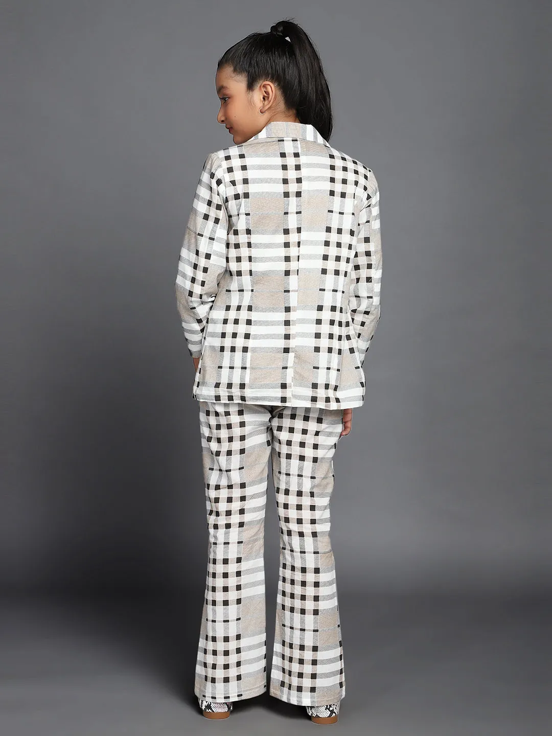 Girl's White & Black Checks Printed Blazer & Top With Pant Set - Aks Girls