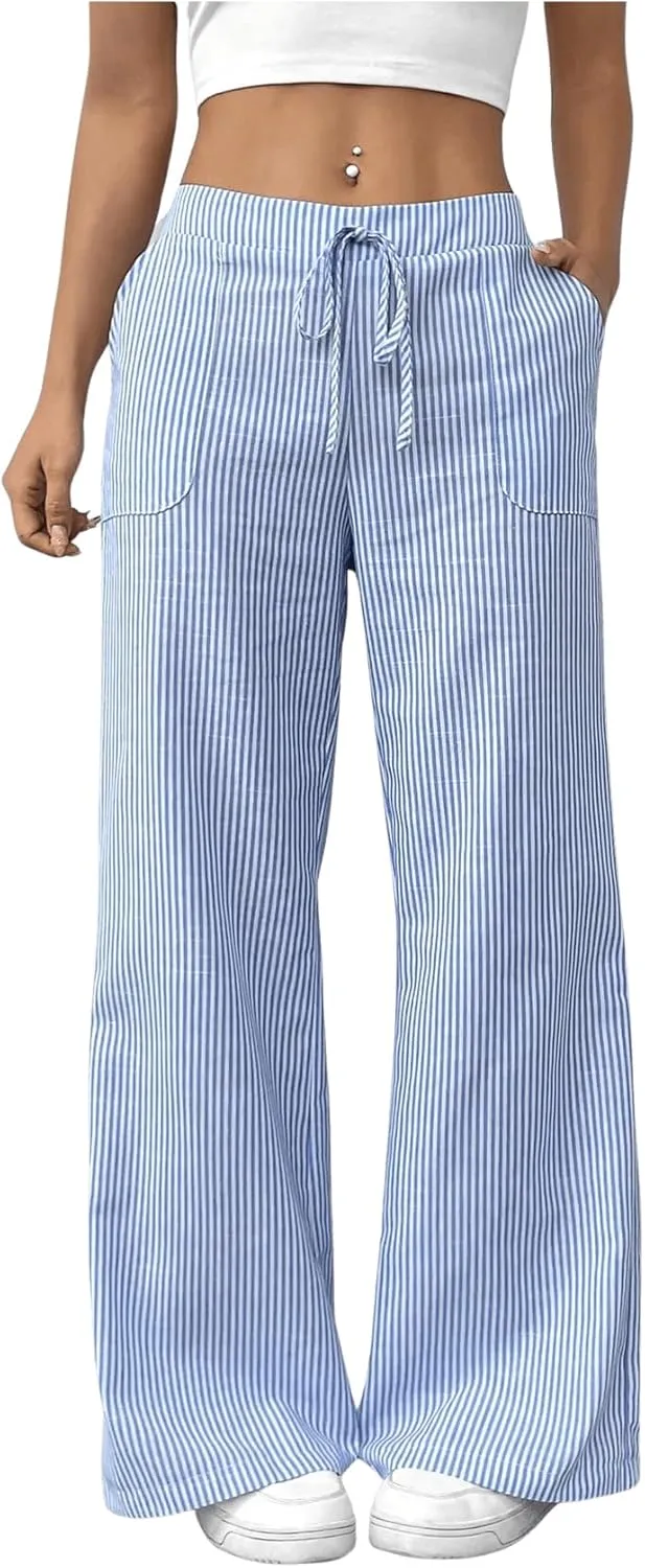 GORGLITTER Women's Striped Wide Leg Pants Drawstring Waist Lounge Pants Straight Leg Slant Pocket Trousers Blue Large