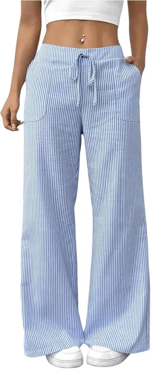 GORGLITTER Women's Striped Wide Leg Pants Drawstring Waist Lounge Pants Straight Leg Slant Pocket Trousers Blue Large