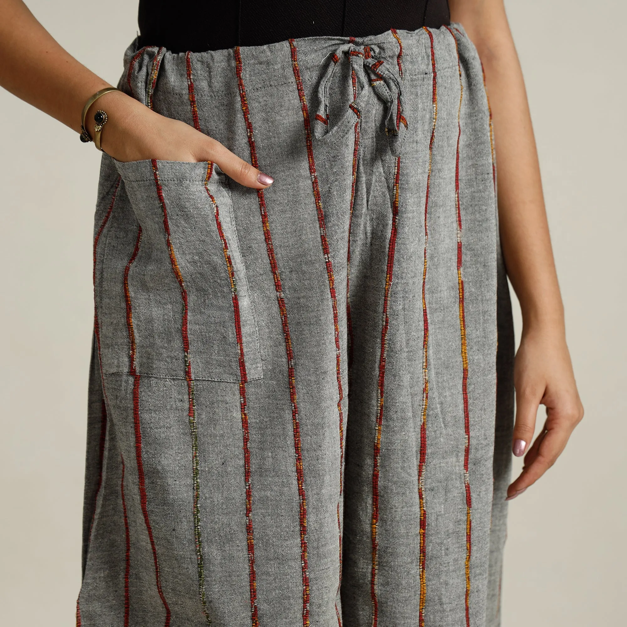 Grey - Bengal Khesh Weaving Kantha Embroidery Cotton Palazzo 57