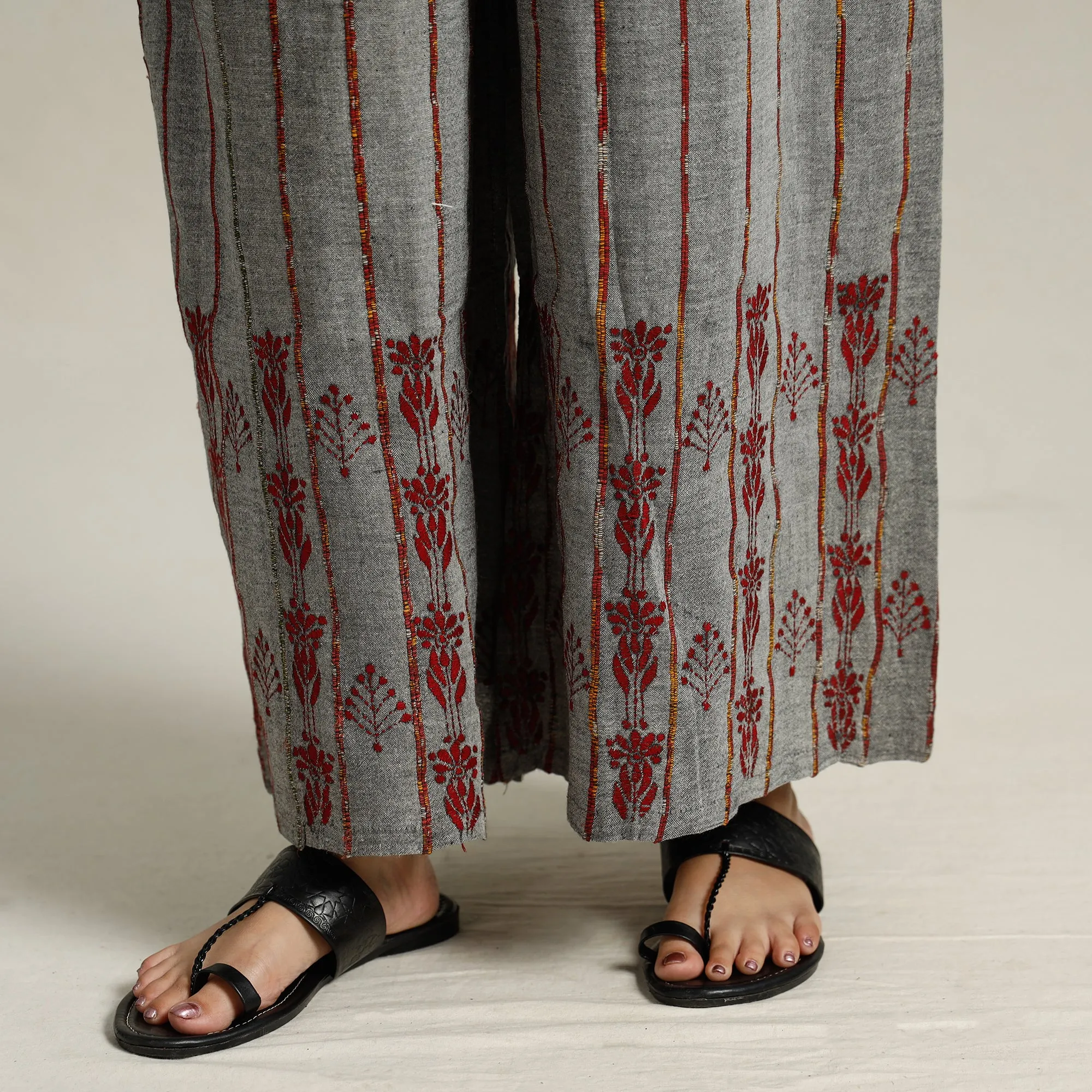 Grey - Bengal Khesh Weaving Kantha Embroidery Cotton Palazzo 57