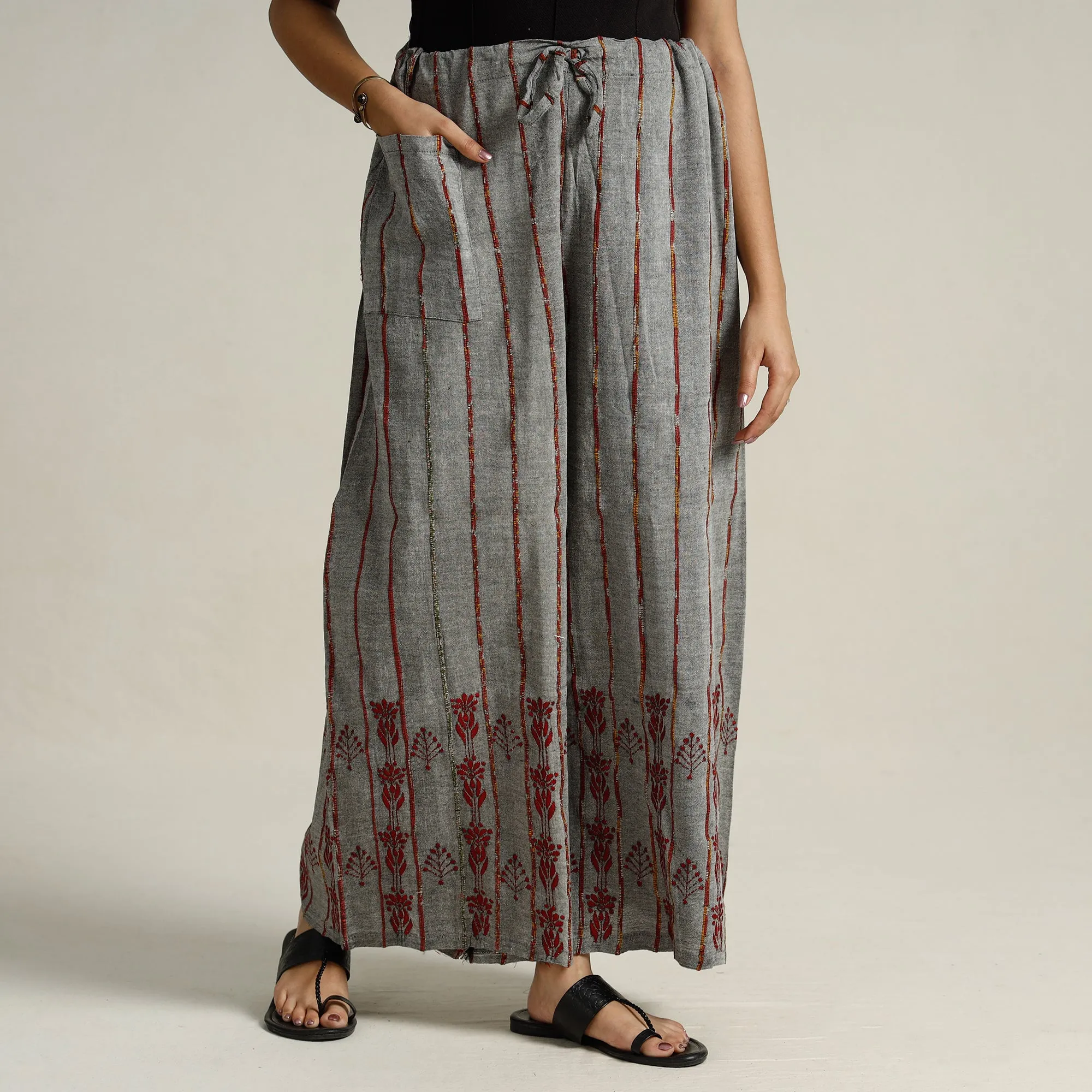 Grey - Bengal Khesh Weaving Kantha Embroidery Cotton Palazzo 57