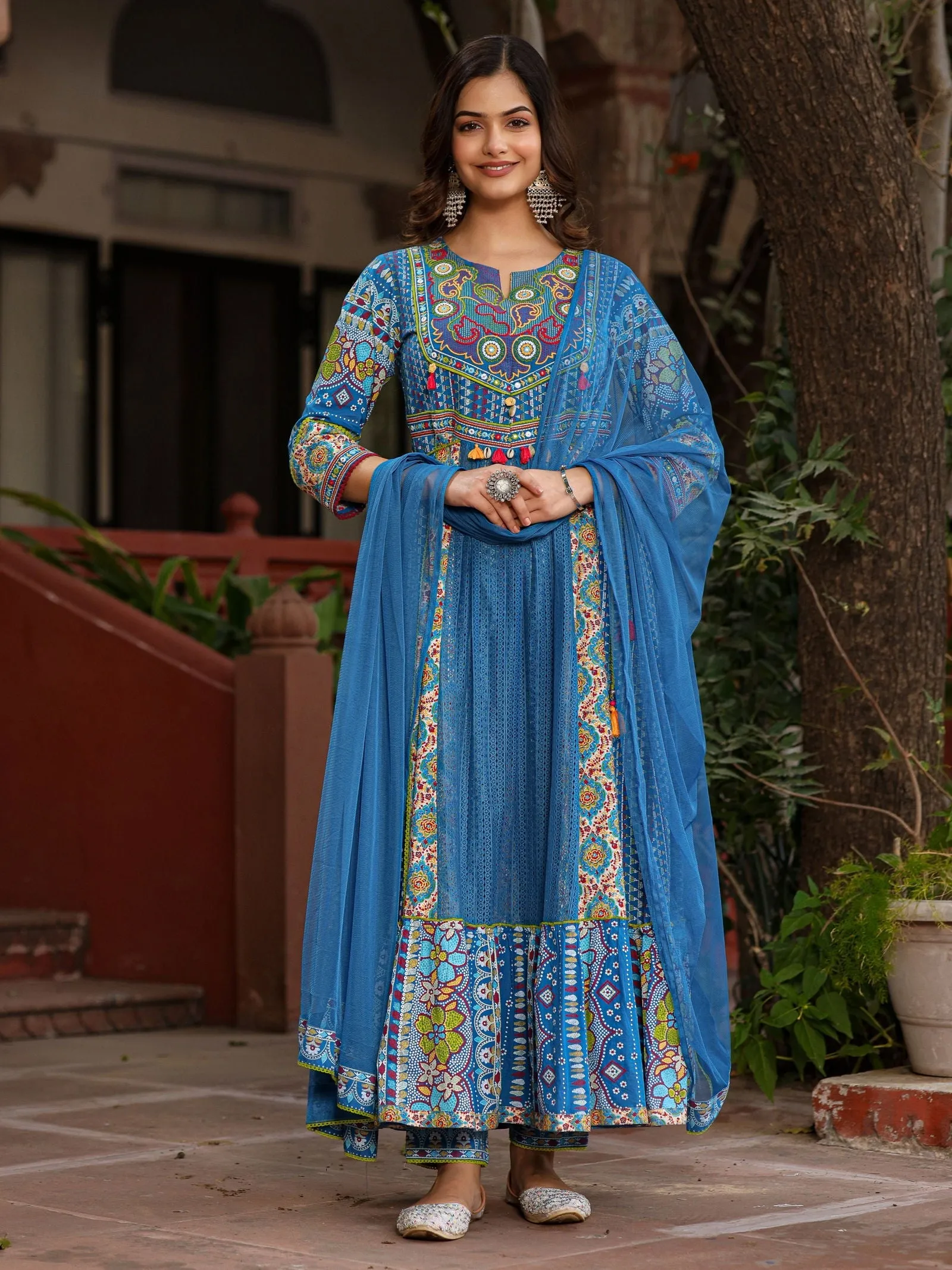 Jashvi Blue Floral Printed Pure Cotton Anarkali Kurta Pants & Dupatta Set With Thread Work