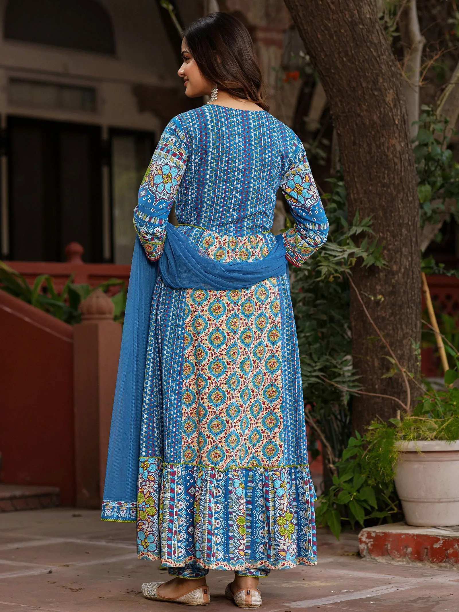 Jashvi Blue Floral Printed Pure Cotton Anarkali Kurta Pants & Dupatta Set With Thread Work