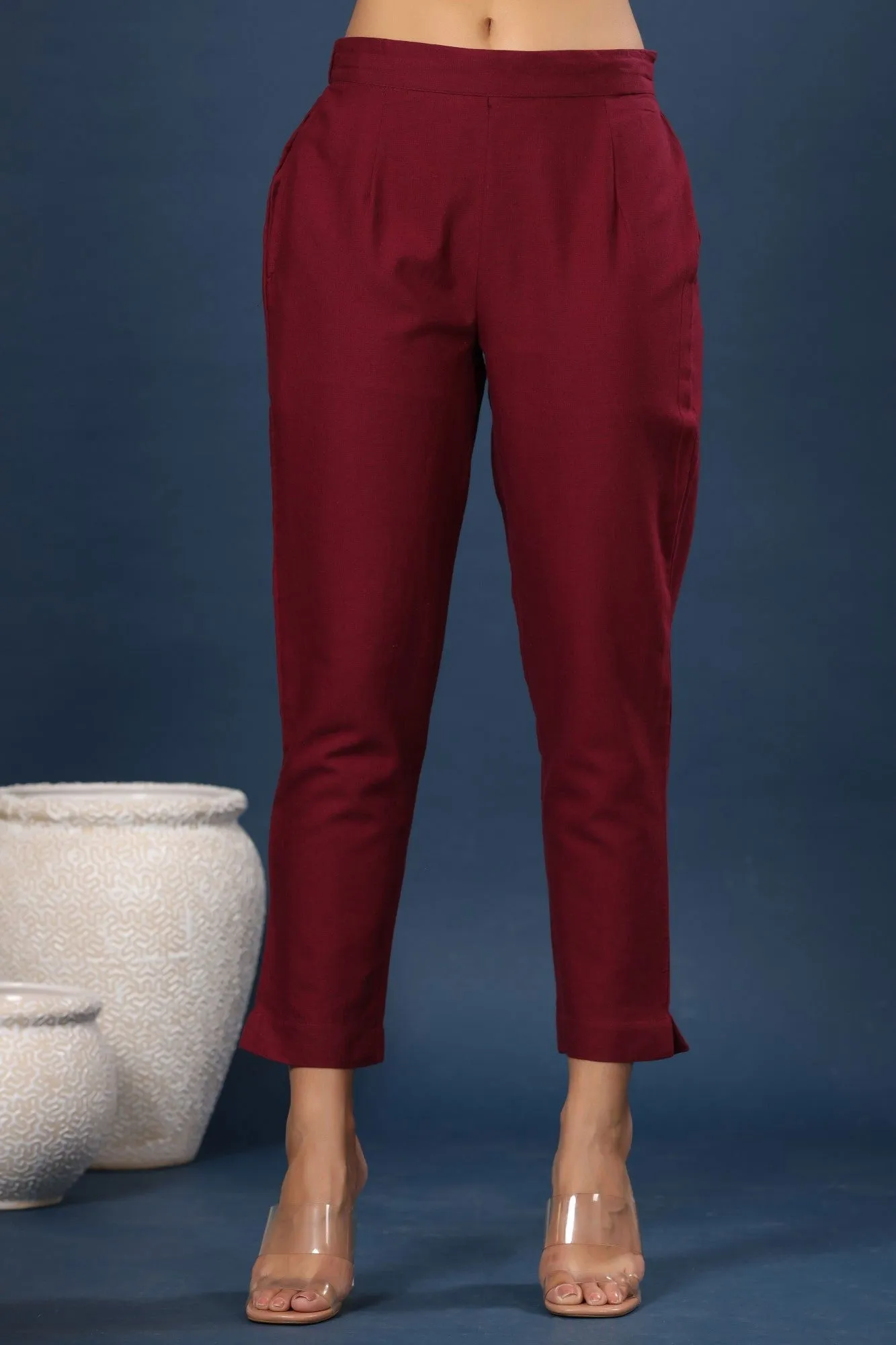 Jashvi Burgundy Solid Cotton Flex Slim Fit Women Pants With Two Pockets