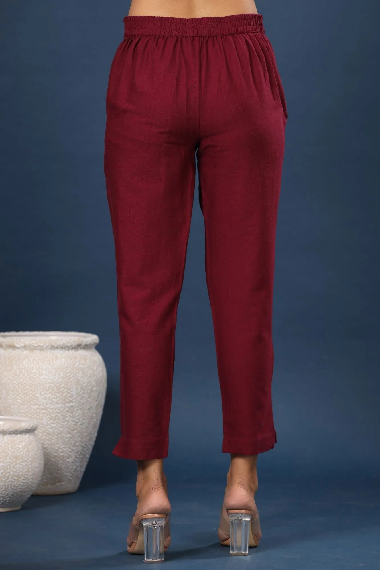 Jashvi Burgundy Solid Cotton Flex Slim Fit Women Pants With Two Pockets
