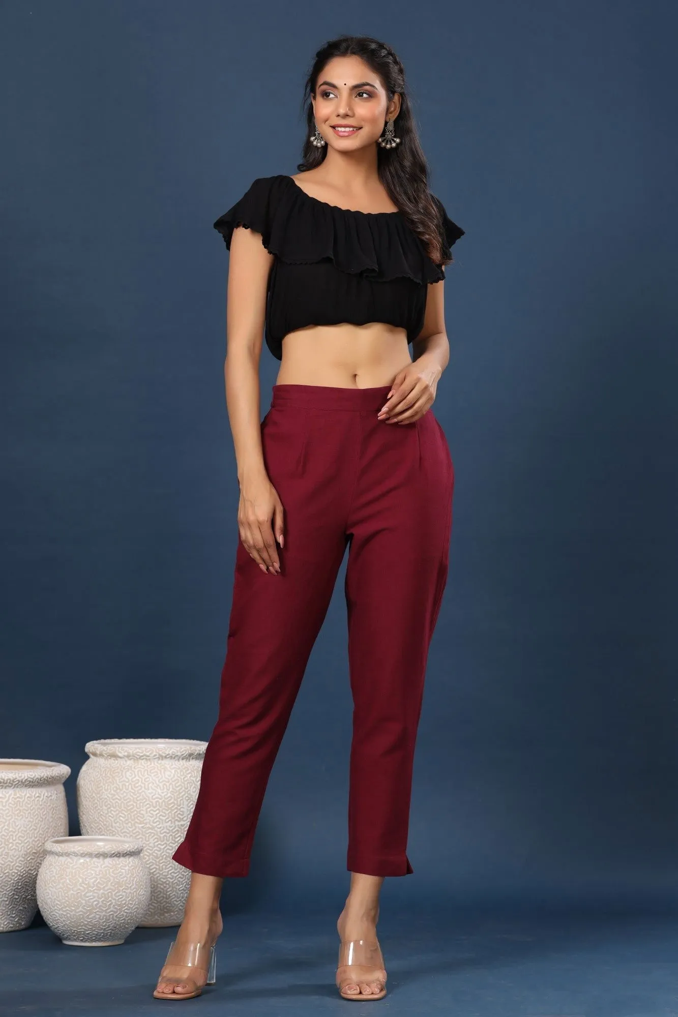 Jashvi Burgundy Solid Cotton Flex Slim Fit Women Pants With Two Pockets