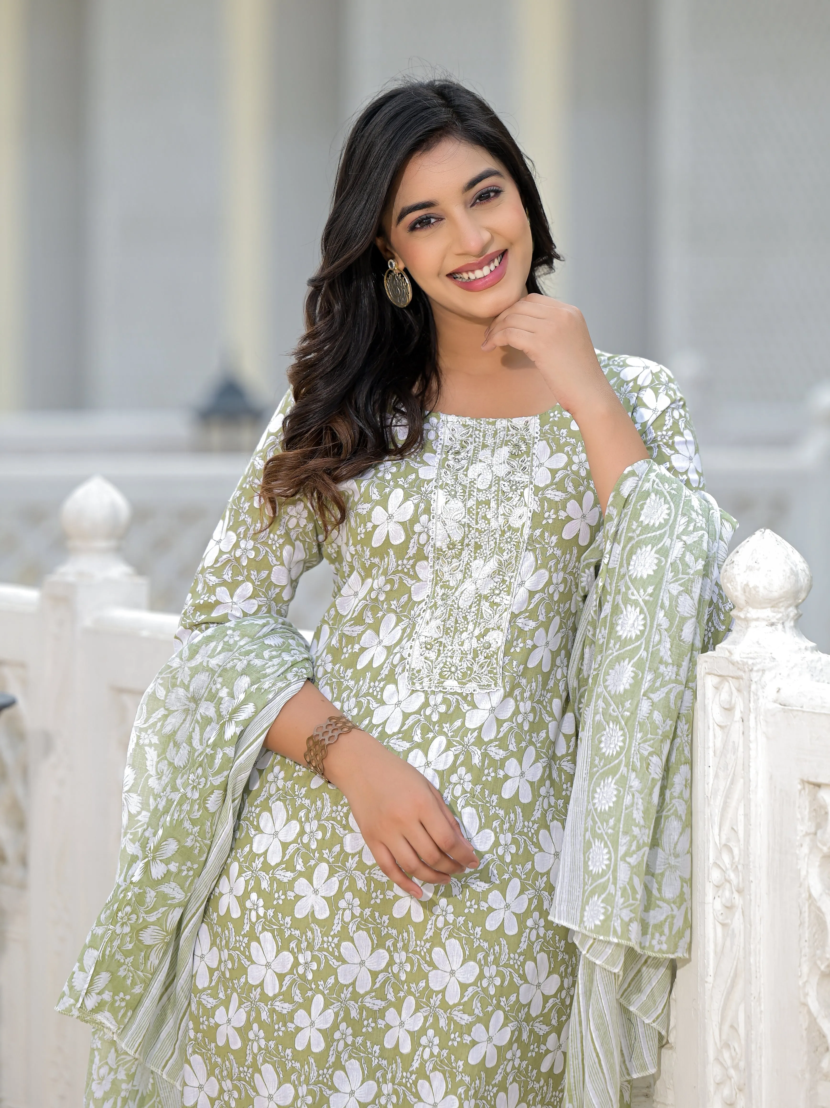 Jashvi Green Floral Printed Cotton Kurta, Pant And Dupatta Set With Thread & Mirror Work