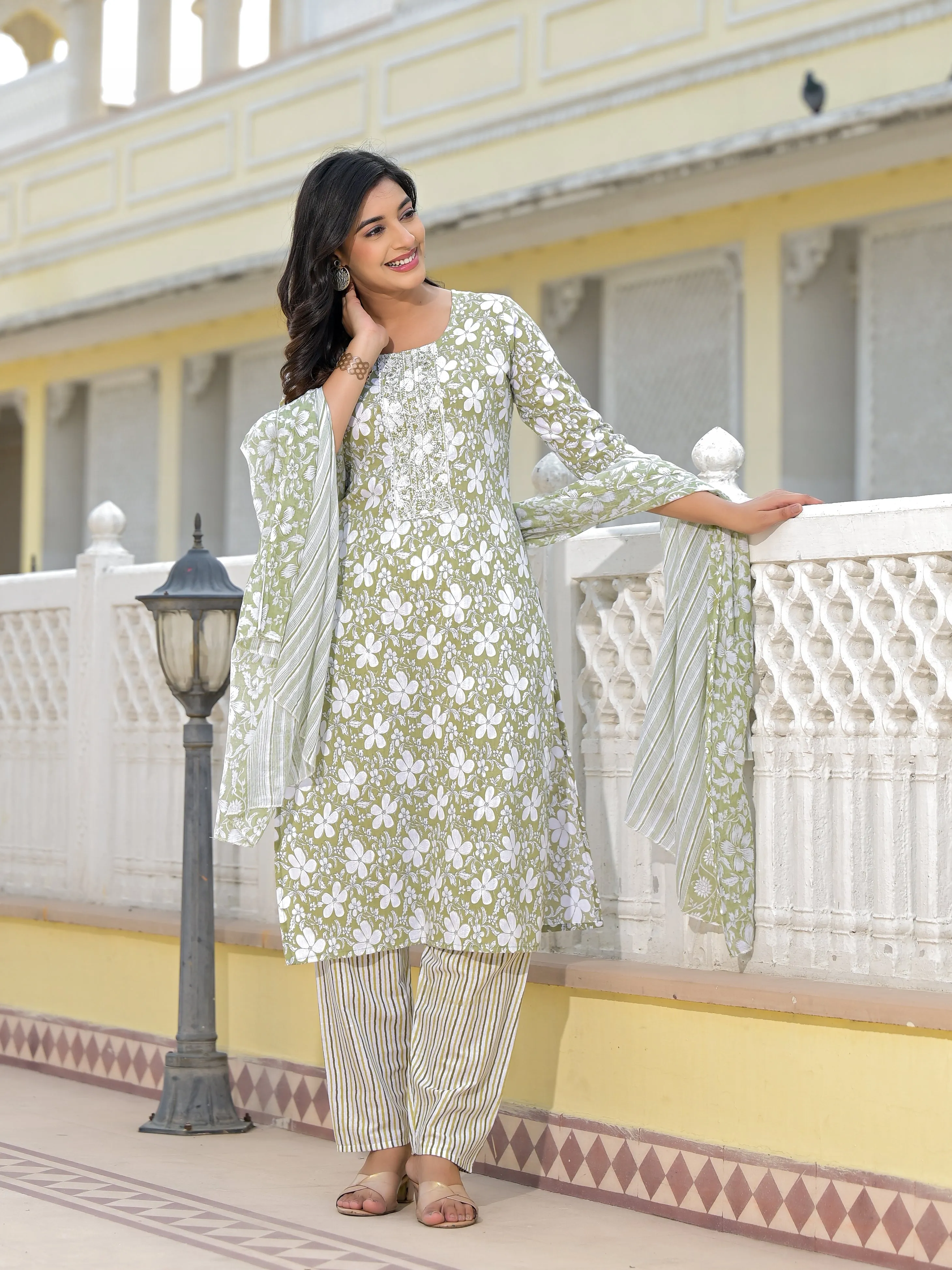 Jashvi Green Floral Printed Cotton Kurta, Pant And Dupatta Set With Thread & Mirror Work