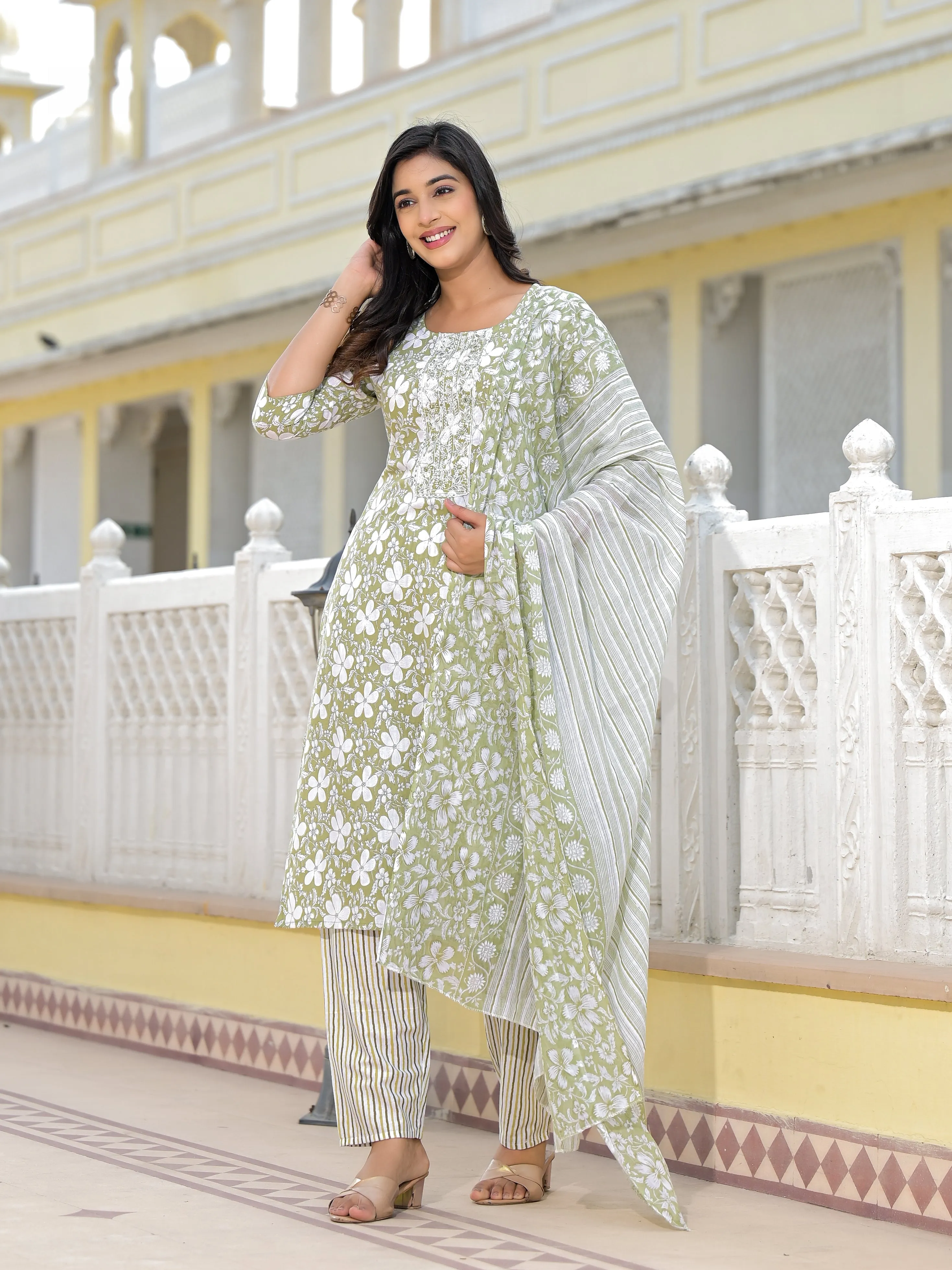 Jashvi Green Floral Printed Cotton Kurta, Pant And Dupatta Set With Thread & Mirror Work