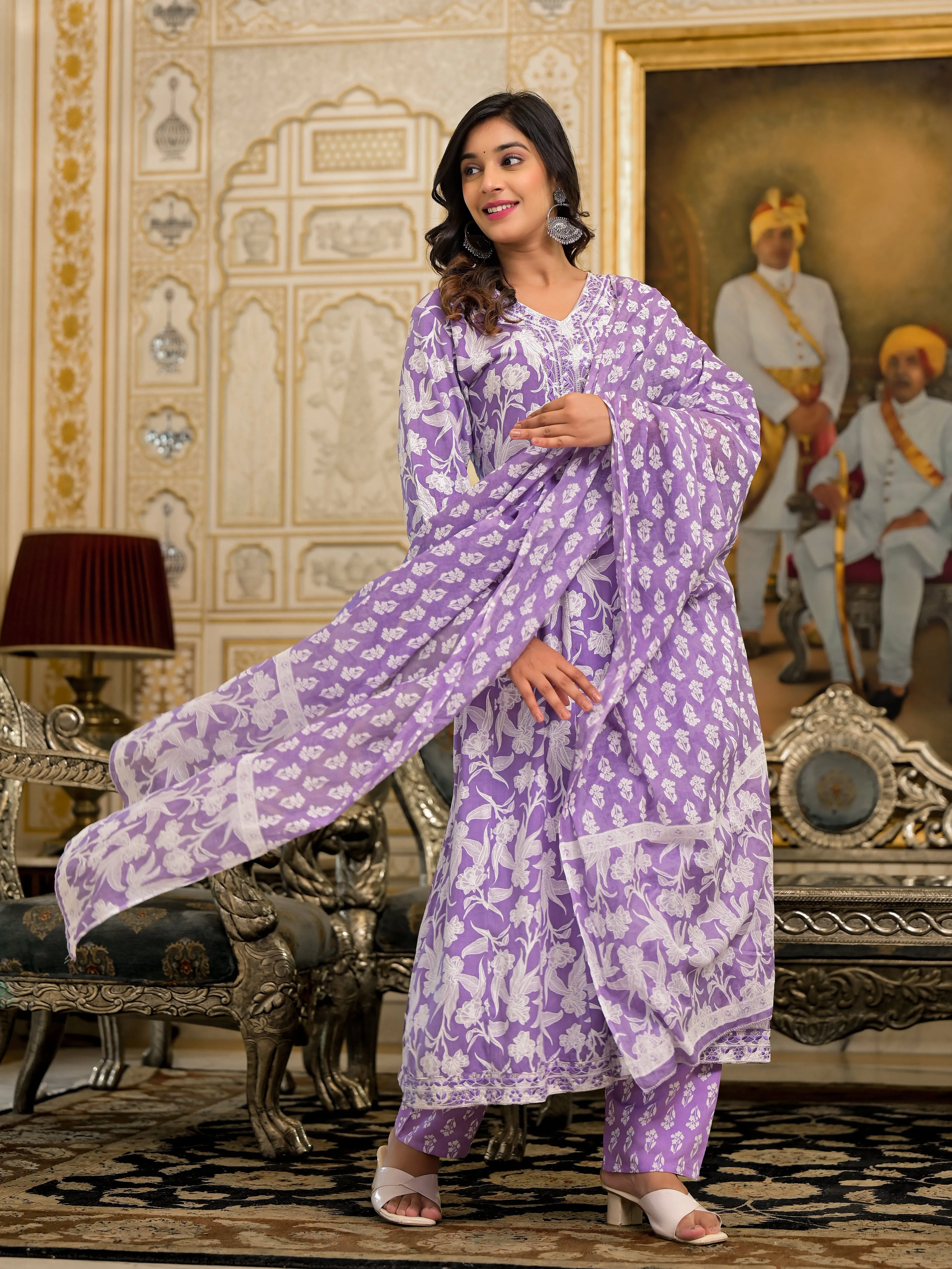 Jashvi Lavender Floral Printed Rayon Kurta, Pant And Dupatta Set With Thread & Sequins Work