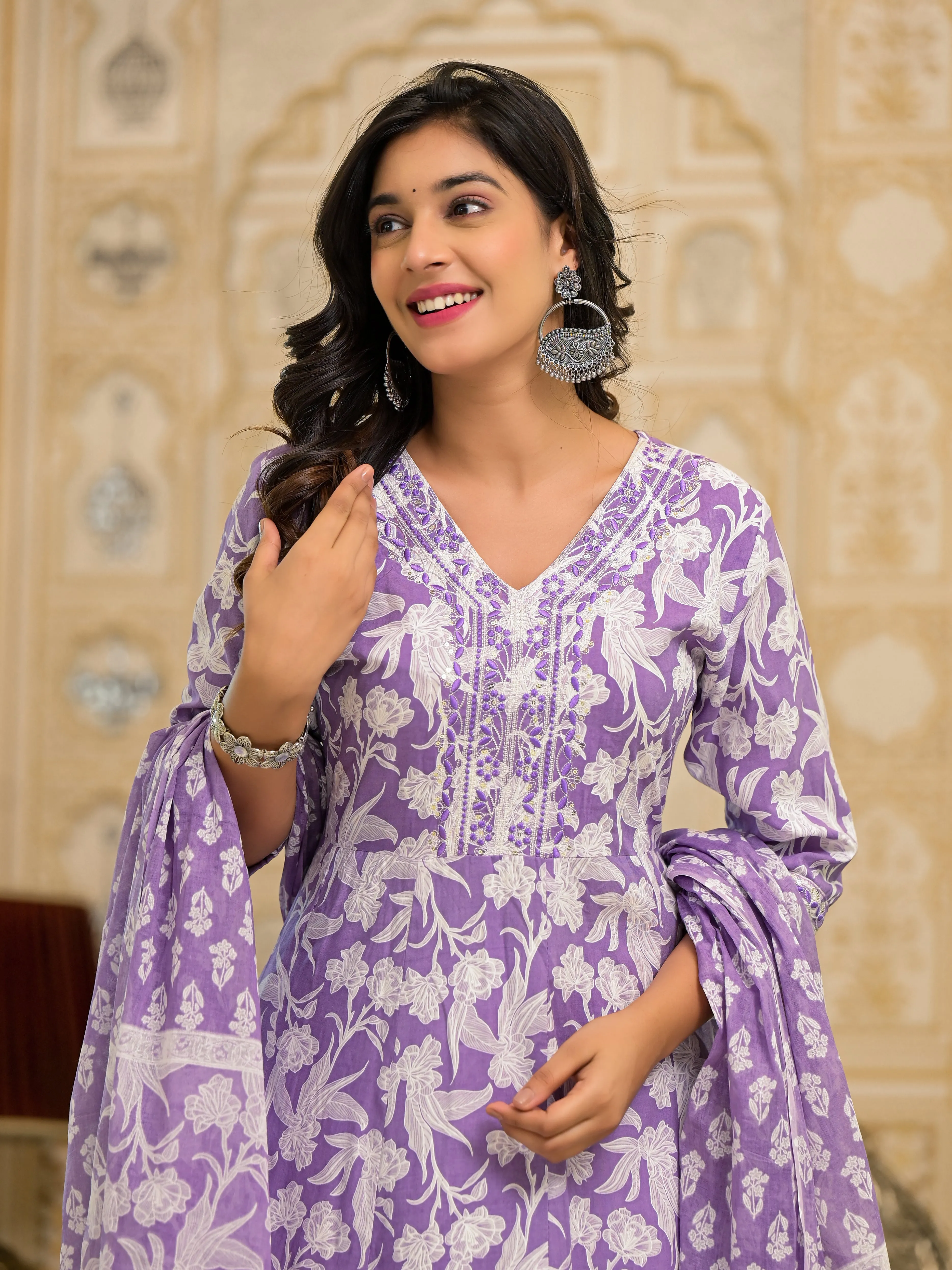 Jashvi Lavender Floral Printed Rayon Kurta, Pant And Dupatta Set With Thread & Sequins Work
