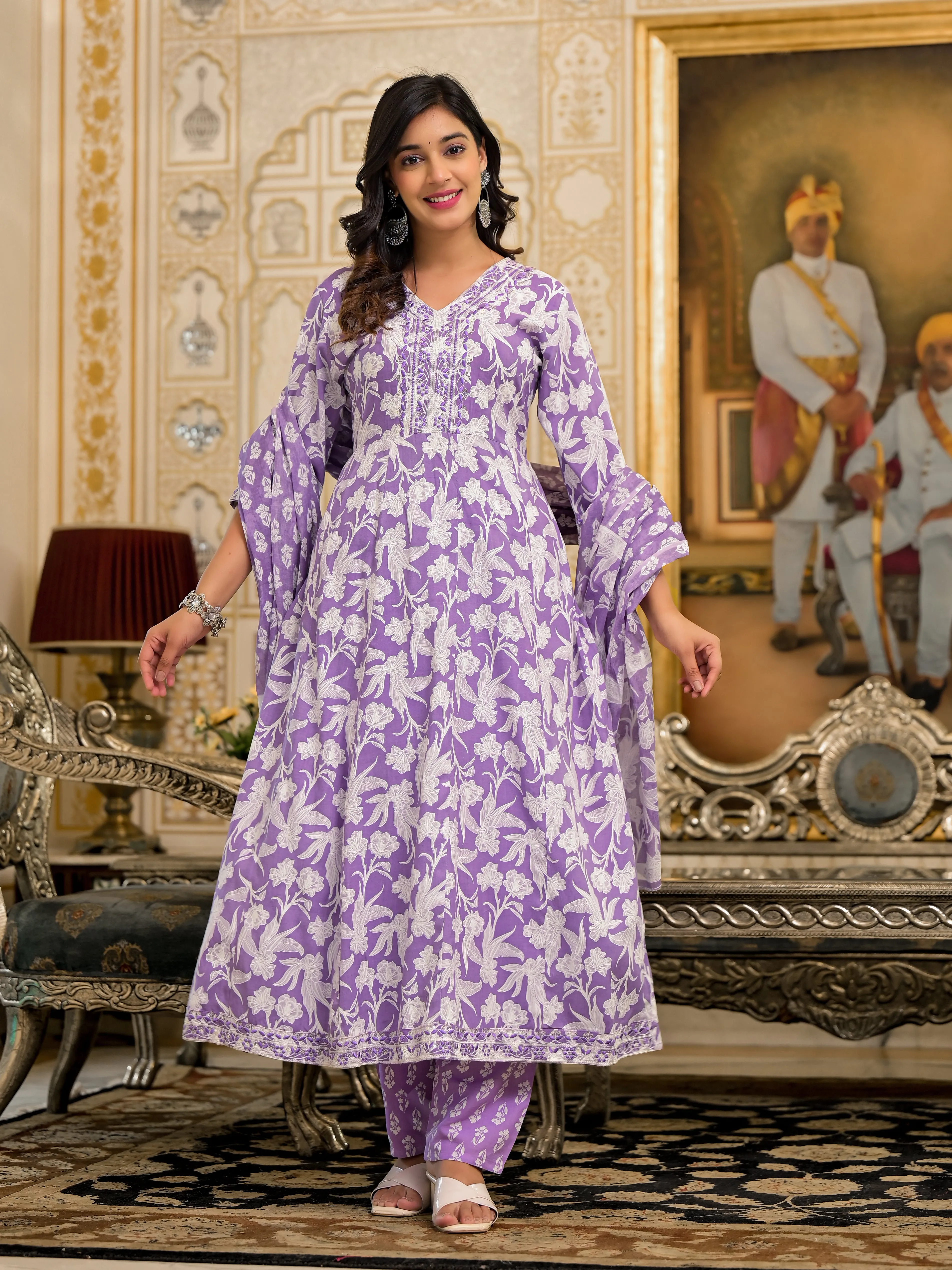 Jashvi Lavender Floral Printed Rayon Kurta, Pant And Dupatta Set With Thread & Sequins Work
