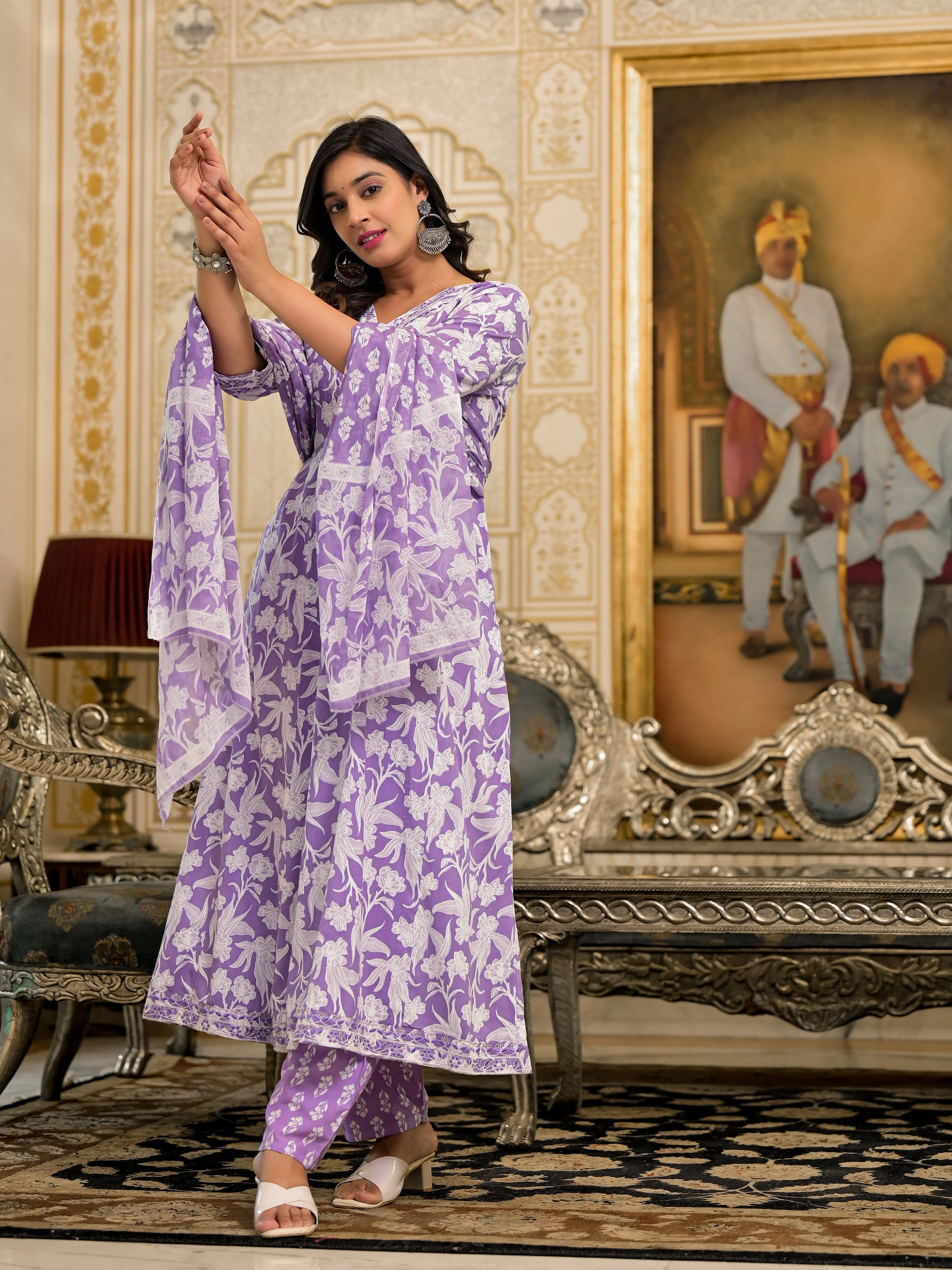 Jashvi Lavender Floral Printed Rayon Kurta, Pant And Dupatta Set With Thread & Sequins Work