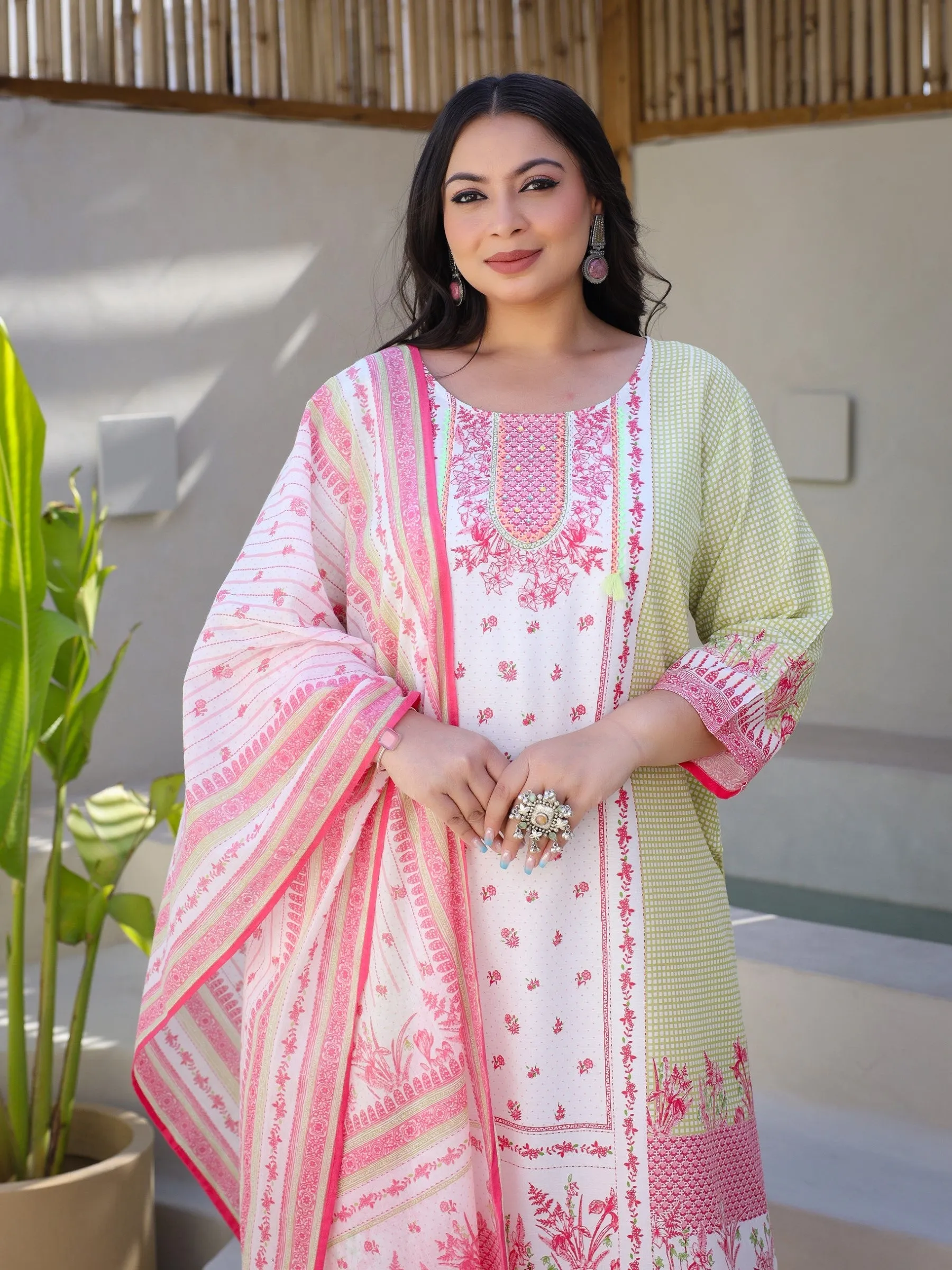 Jashvi Multi-Colored Floral Printed & Stripped Rayon Plus Size Kurta Pants & Dupatta Set With Beads & Sequins (3-Pcs)