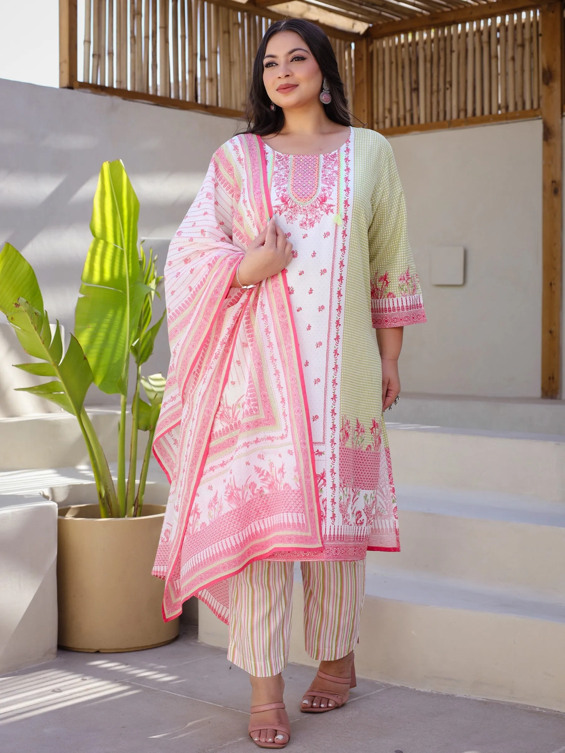 Jashvi Multi-Colored Floral Printed & Stripped Rayon Plus Size Kurta Pants & Dupatta Set With Beads & Sequins (3-Pcs)