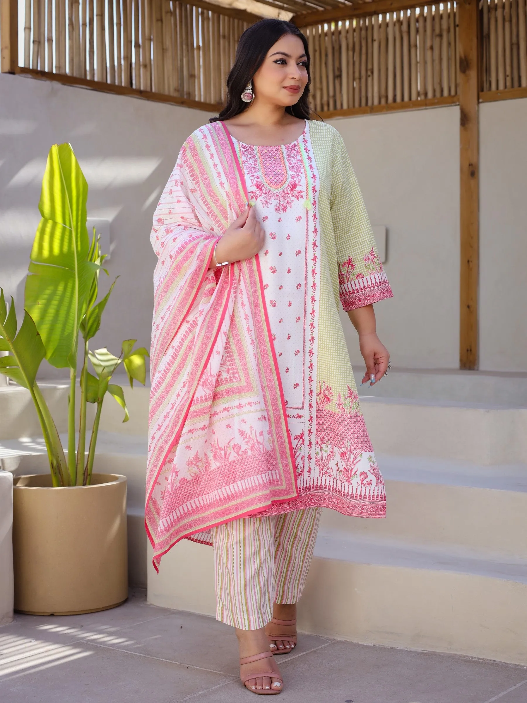 Jashvi Multi-Colored Floral Printed & Stripped Rayon Plus Size Kurta Pants & Dupatta Set With Beads & Sequins (3-Pcs)