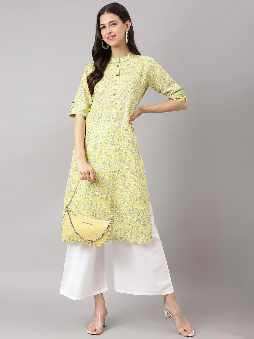 Jashvi mustard and Gray Cotton Katha work Straight Kurta
