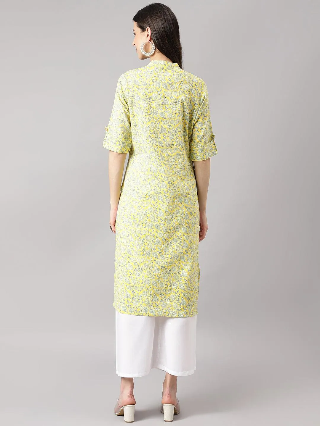 Jashvi mustard and Gray Cotton Katha work Straight Kurta