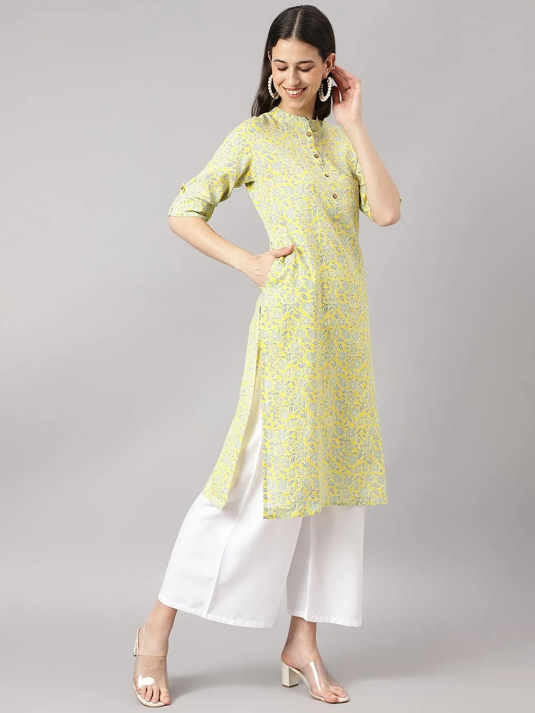 Jashvi mustard and Gray Cotton Katha work Straight Kurta