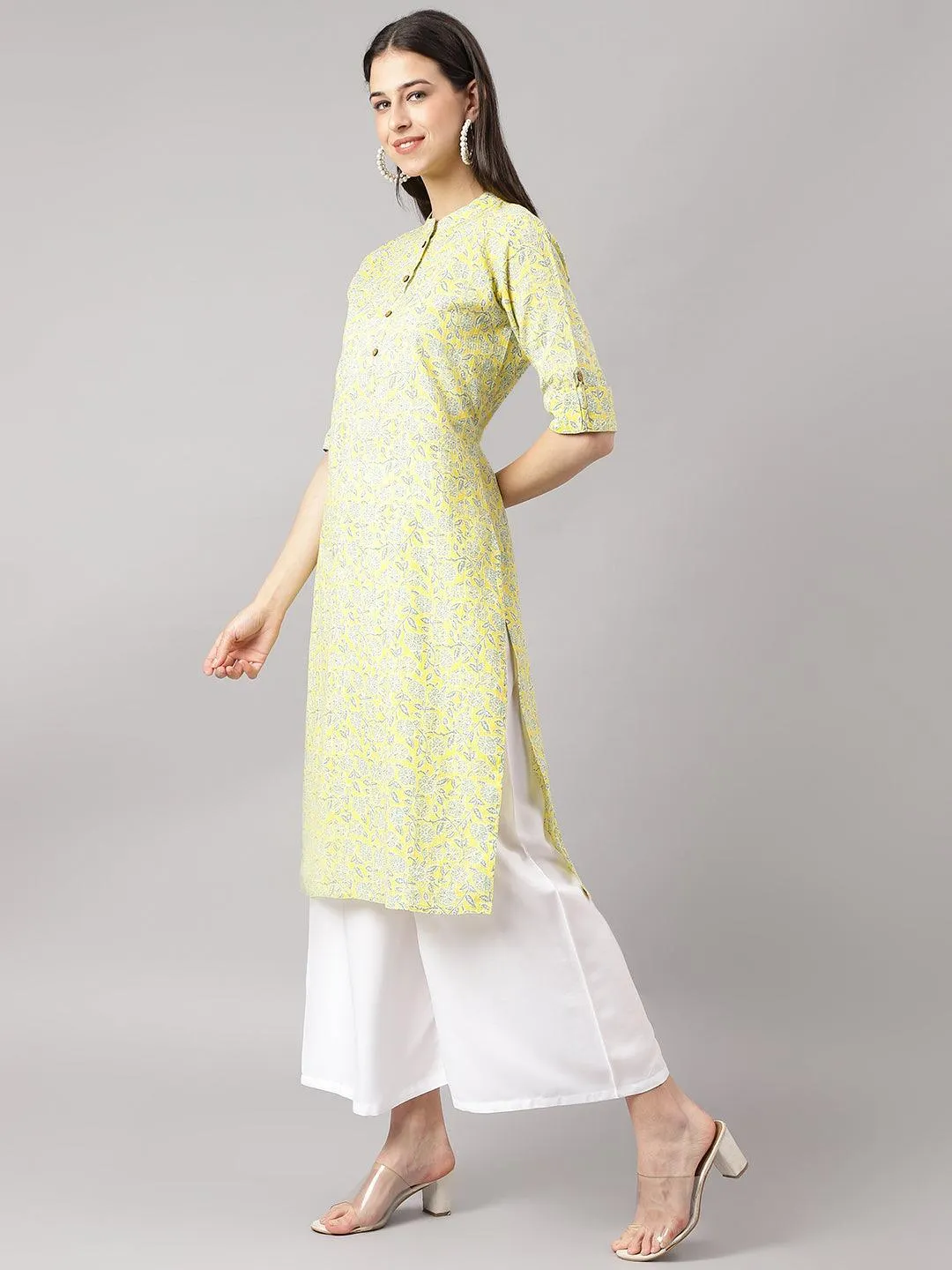Jashvi mustard and Gray Cotton Katha work Straight Kurta