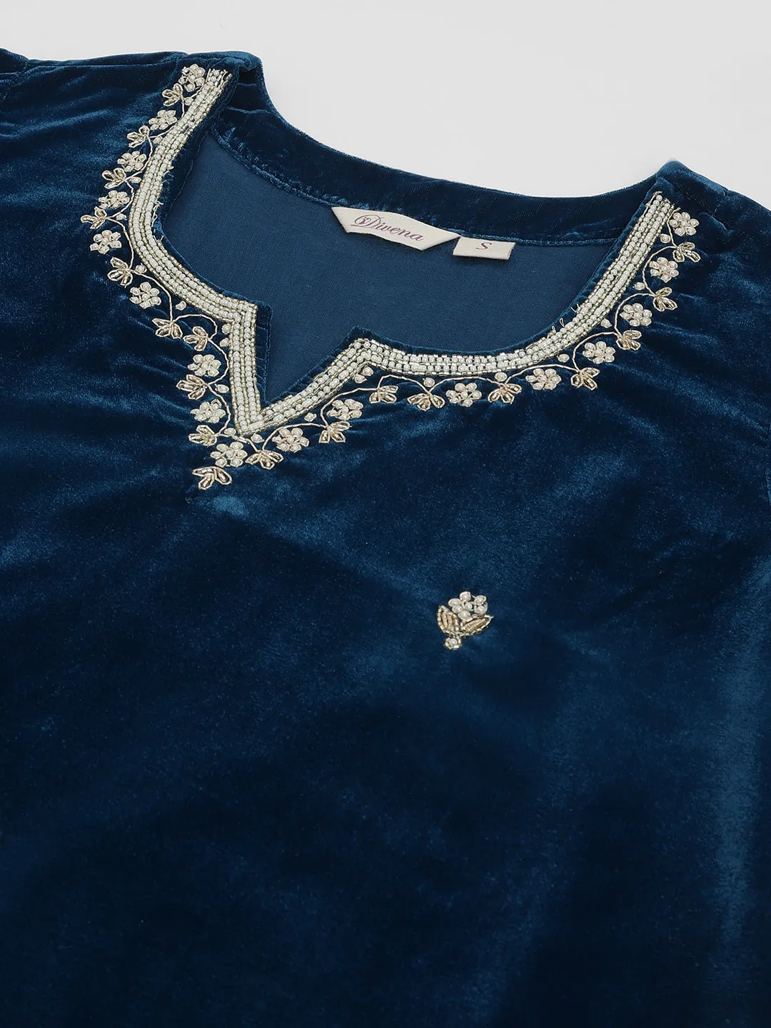 Jashvi Rayol Blue Hand Embroidered Velvet Straight Kurta, trousers with Dupatta Set