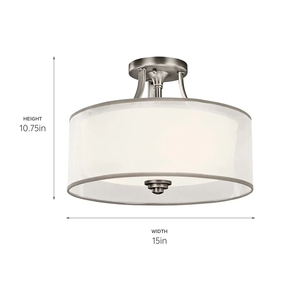 Lacey 15" 3-Light Semi-Flush Mount Light with Clear Satin Etched Glass, Antique Pewter Finish