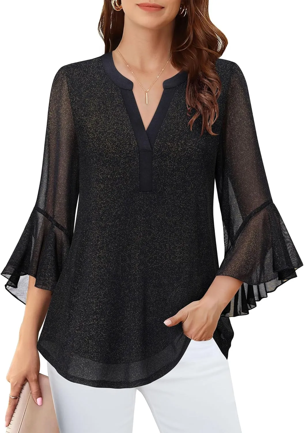 Lotusmile Women's 3/4 Sleeve Dressy Tops Elegant V Neck Blouse for Women Casual Work Evening Party