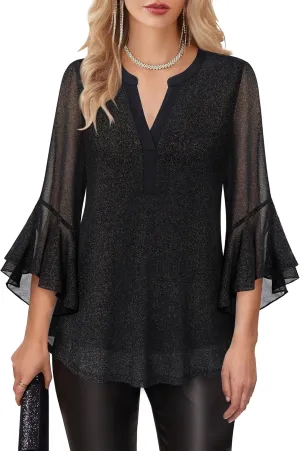 Lotusmile Women's 3/4 Sleeve Dressy Tops Elegant V Neck Blouse for Women Casual Work Evening Party