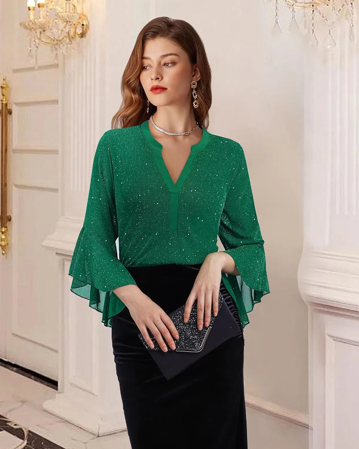 Lotusmile Women's 3/4 Sleeve Dressy Tops Elegant V Neck Blouse for Women Casual Work Evening Party