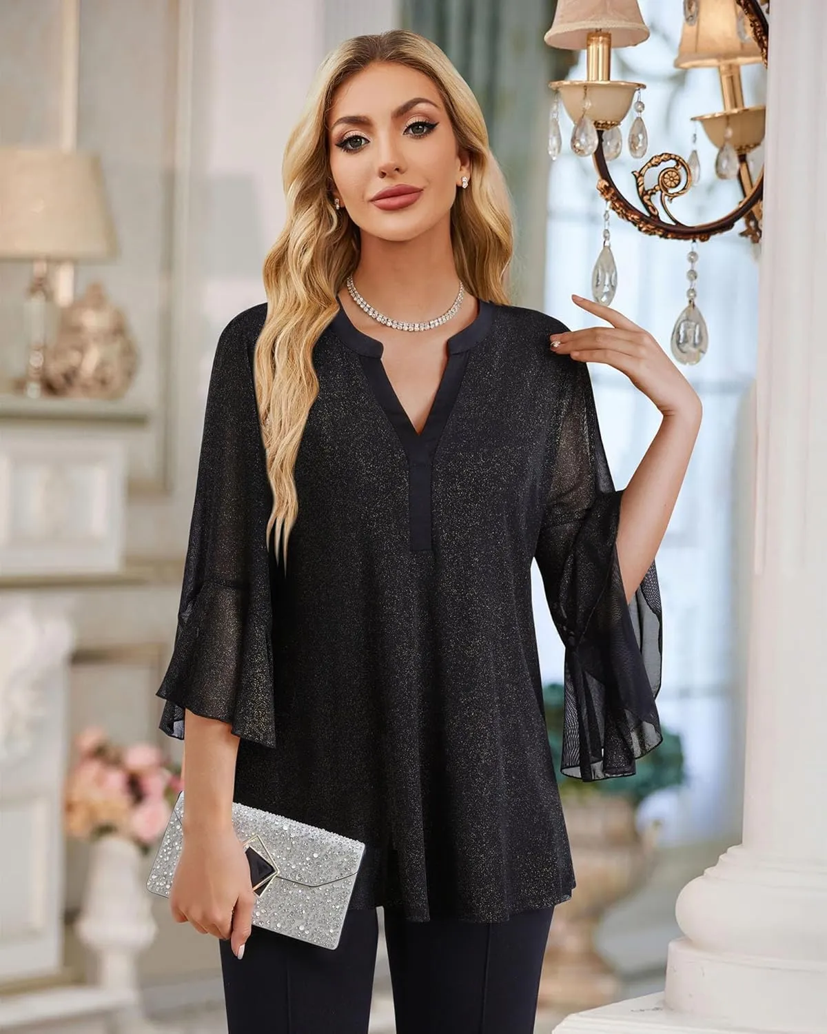 Lotusmile Women's 3/4 Sleeve Dressy Tops Elegant V Neck Blouse for Women Casual Work Evening Party
