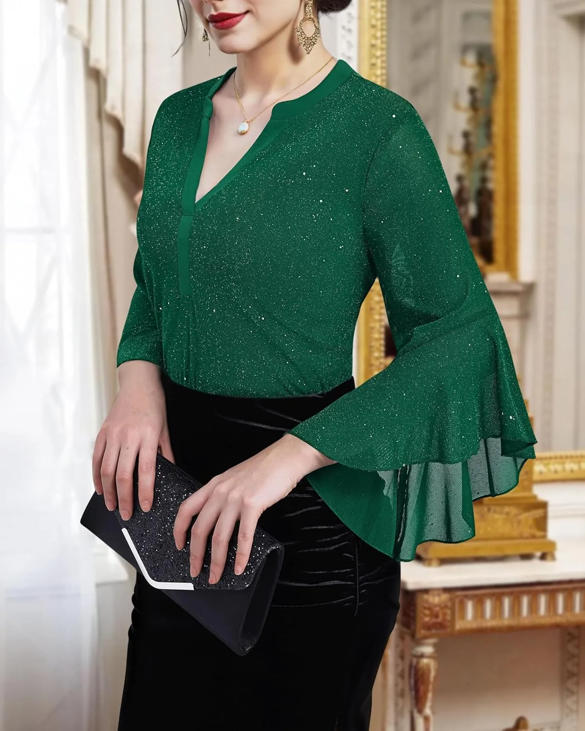 Lotusmile Women's 3/4 Sleeve Dressy Tops Elegant V Neck Blouse for Women Casual Work Evening Party