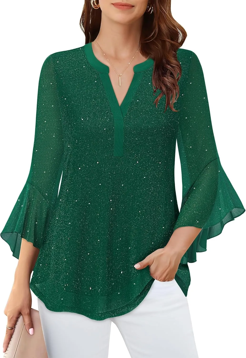 Lotusmile Women's 3/4 Sleeve Dressy Tops Elegant V Neck Blouse for Women Casual Work Evening Party
