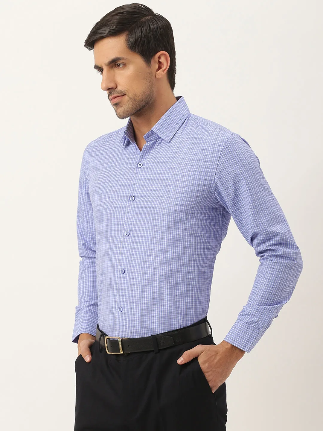 Mens Cotton Blue & Off White Checked Formal Shirt - Sojanya