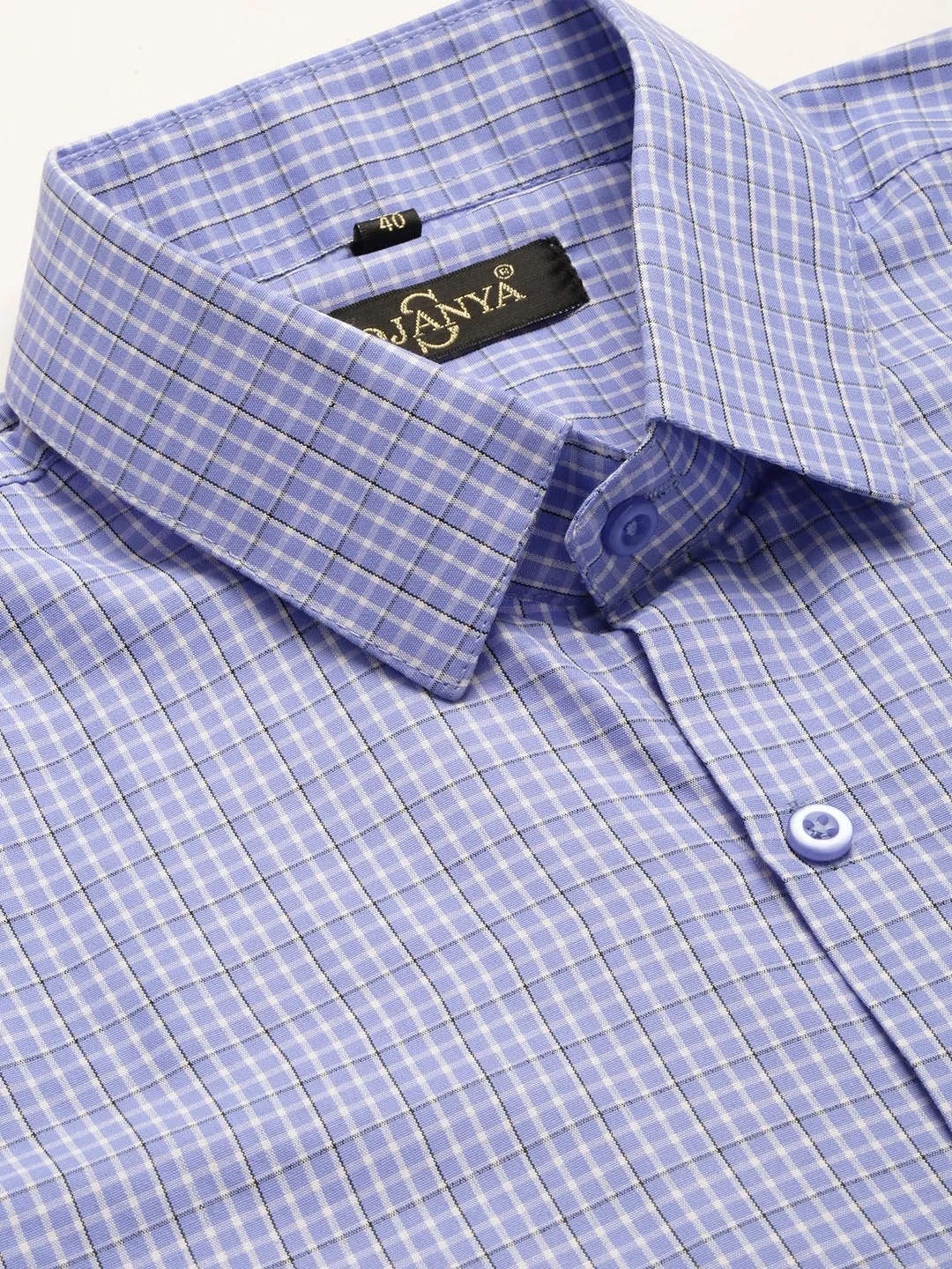 Mens Cotton Blue & Off White Checked Formal Shirt - Sojanya