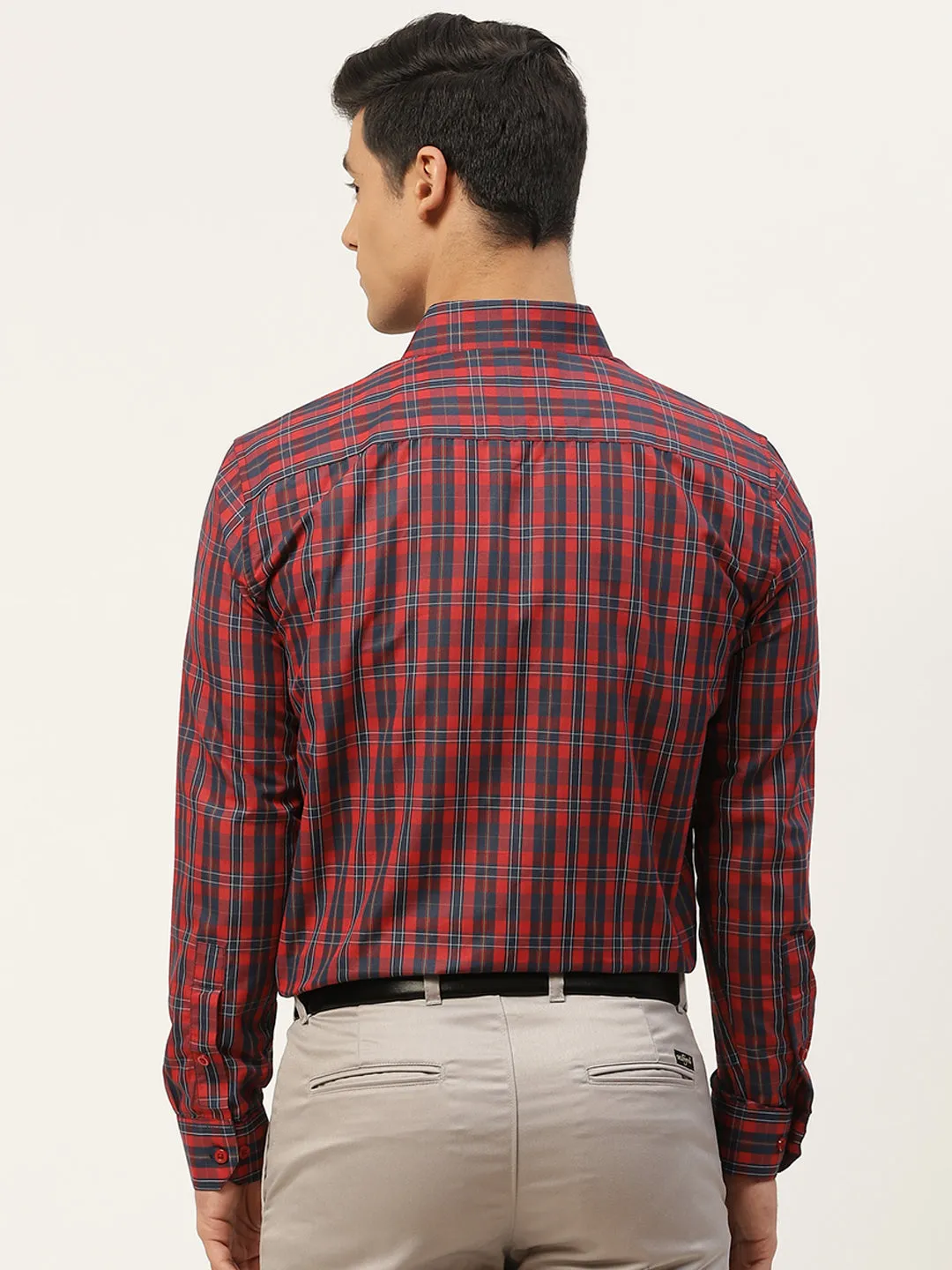 Mens Cotton Red & Navy Blue Checked Formal Shirt - Sojanya