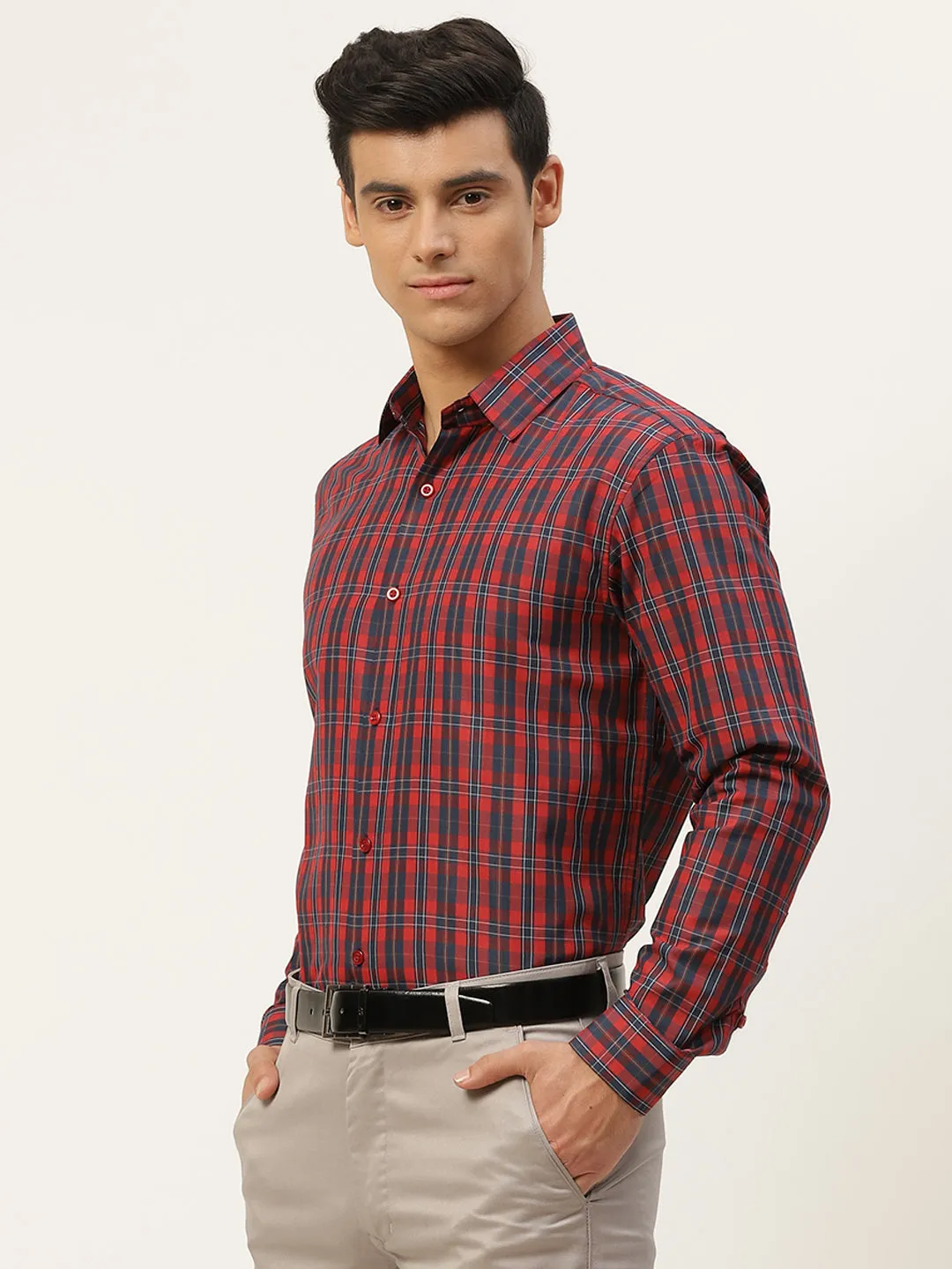Mens Cotton Red & Navy Blue Checked Formal Shirt - Sojanya