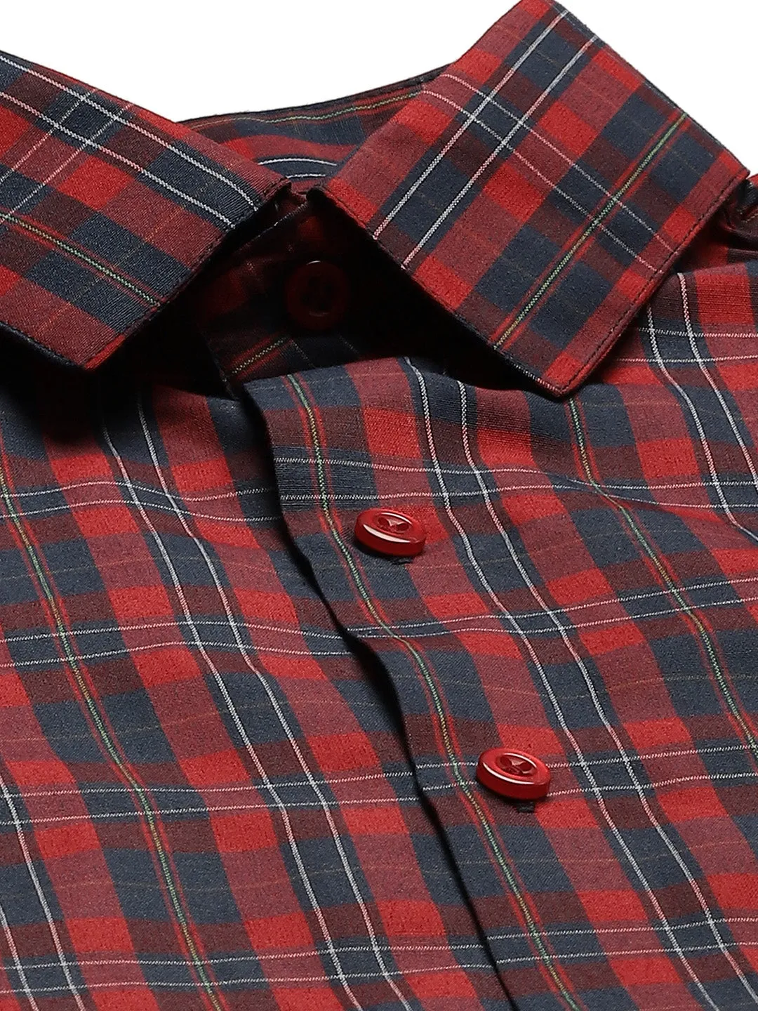 Mens Cotton Red & Navy Blue Checked Formal Shirt - Sojanya