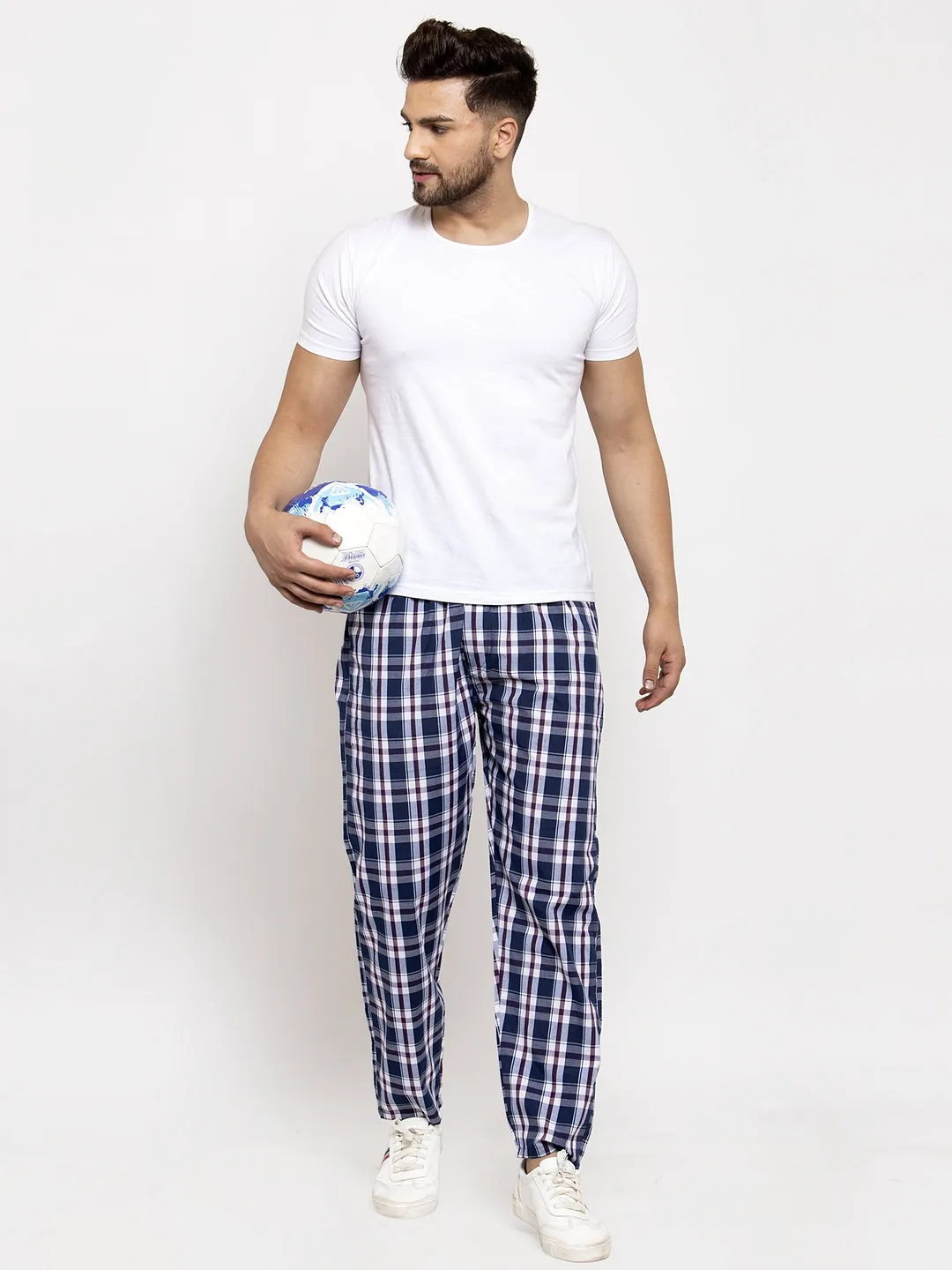 Men's Navy Blue Checked Cotton Track Pants ( JOG 013Navy-Blue ) - Jainish