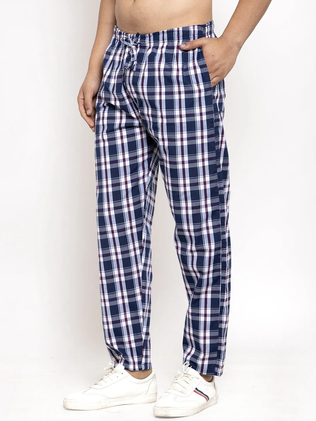 Men's Navy Blue Checked Cotton Track Pants ( JOG 013Navy-Blue ) - Jainish