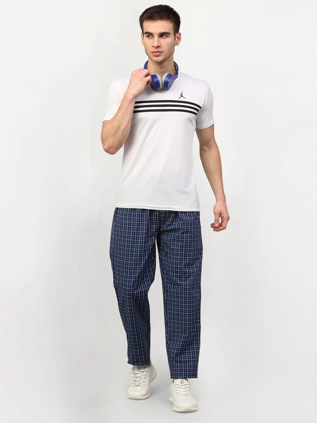 Men's Navy Blue Cotton Checked Track Pants ( JOG 015Navy ) - Jainish