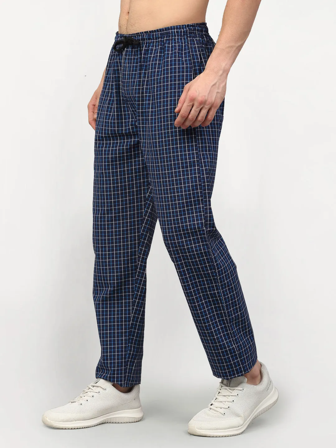 Men's Navy Blue Cotton Checked Track Pants ( JOG 015Navy ) - Jainish