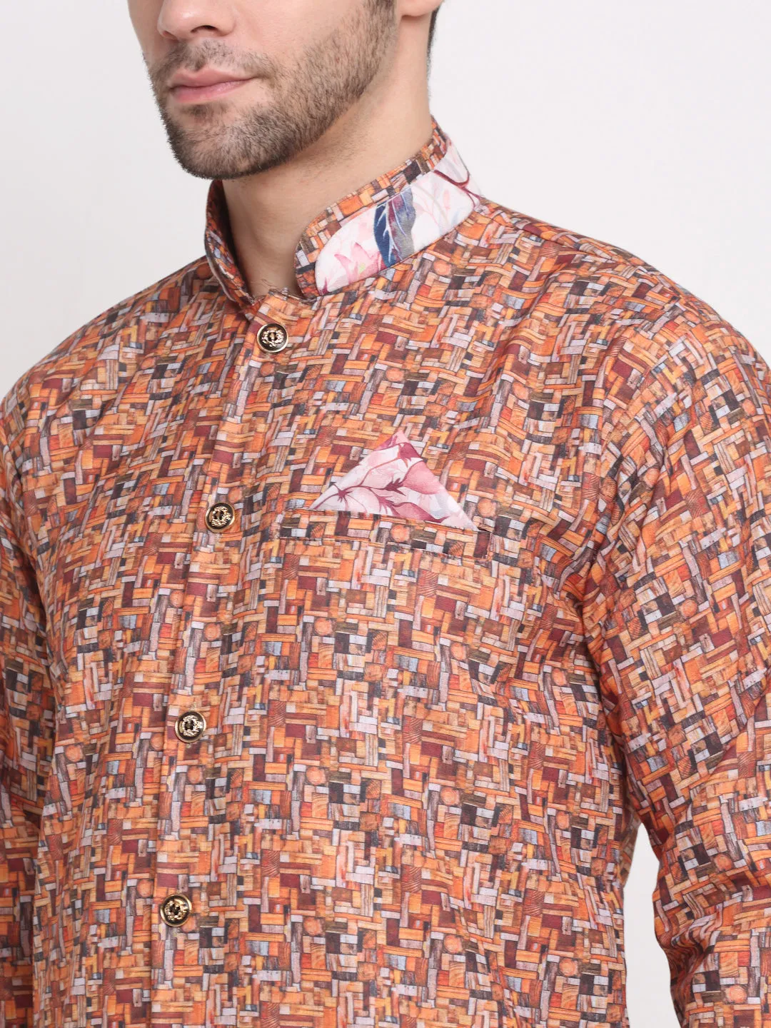 Men's Orange & Multi Printed Kurta With White Pyjamas Set - Benstoke