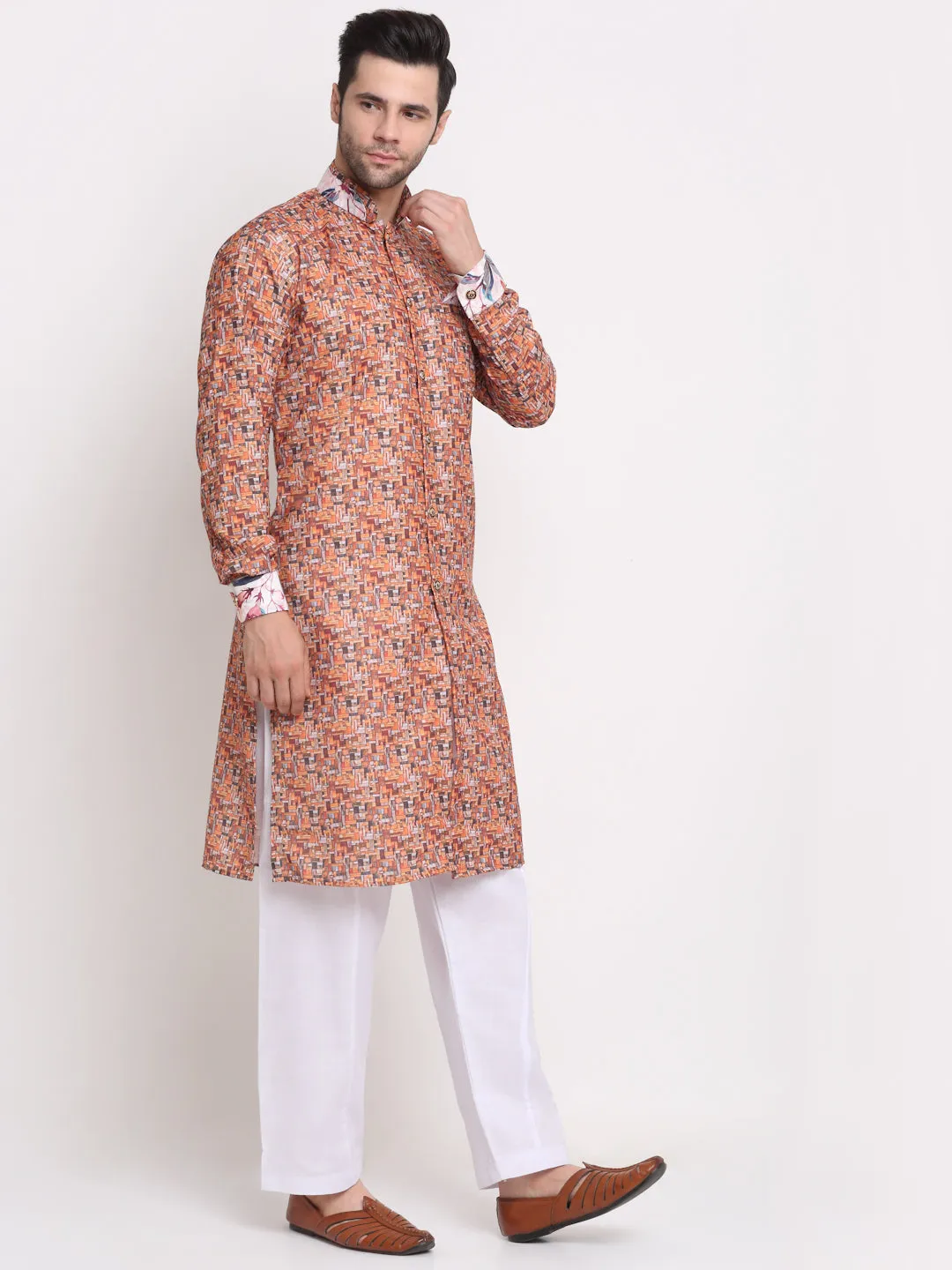 Men's Orange & Multi Printed Kurta With White Pyjamas Set - Benstoke